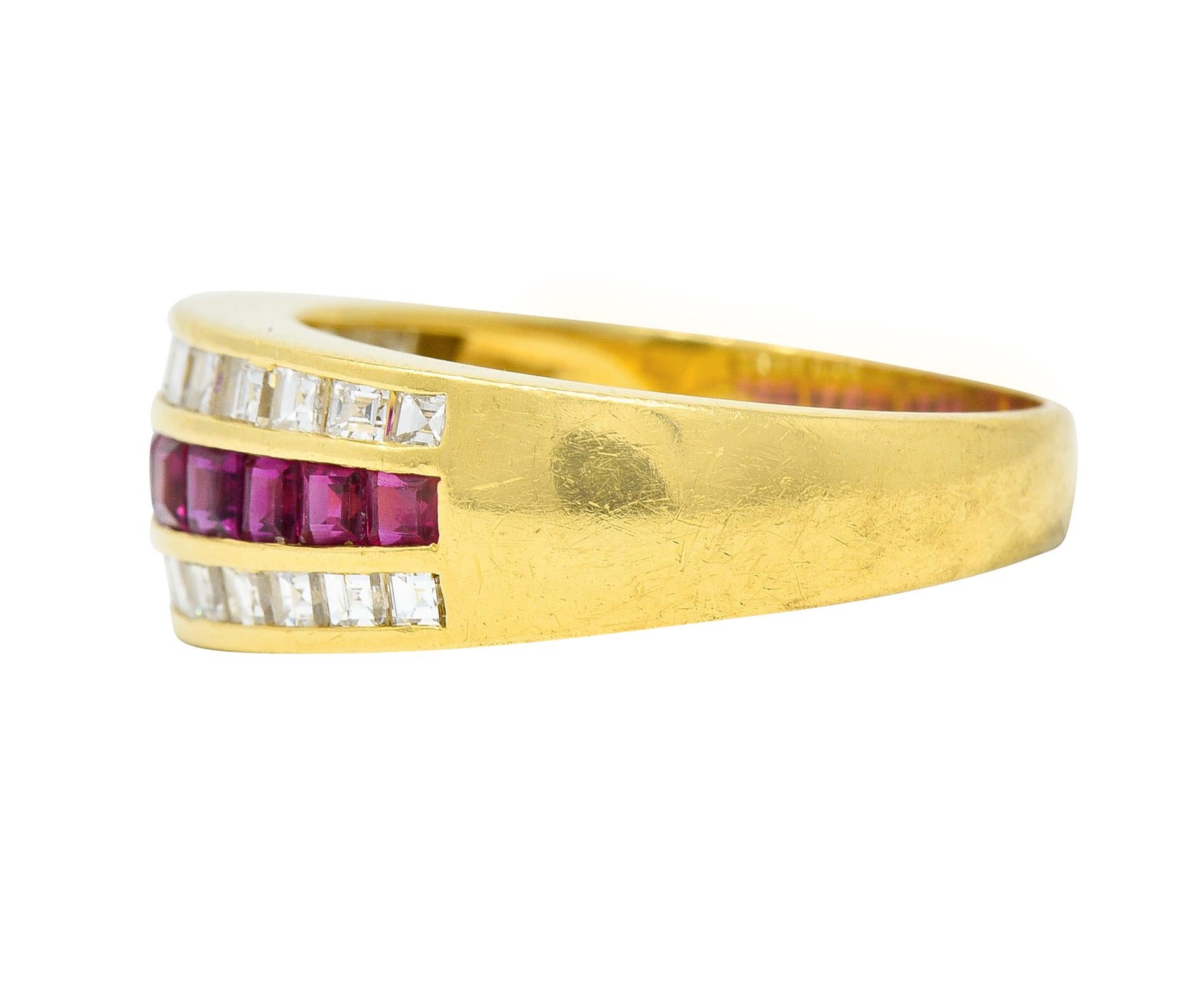 Women's or Men's 1.42 CTW Square Step-Cut Diamond Ruby 18 Karat Yellow Gold Vintage Channel Band For Sale