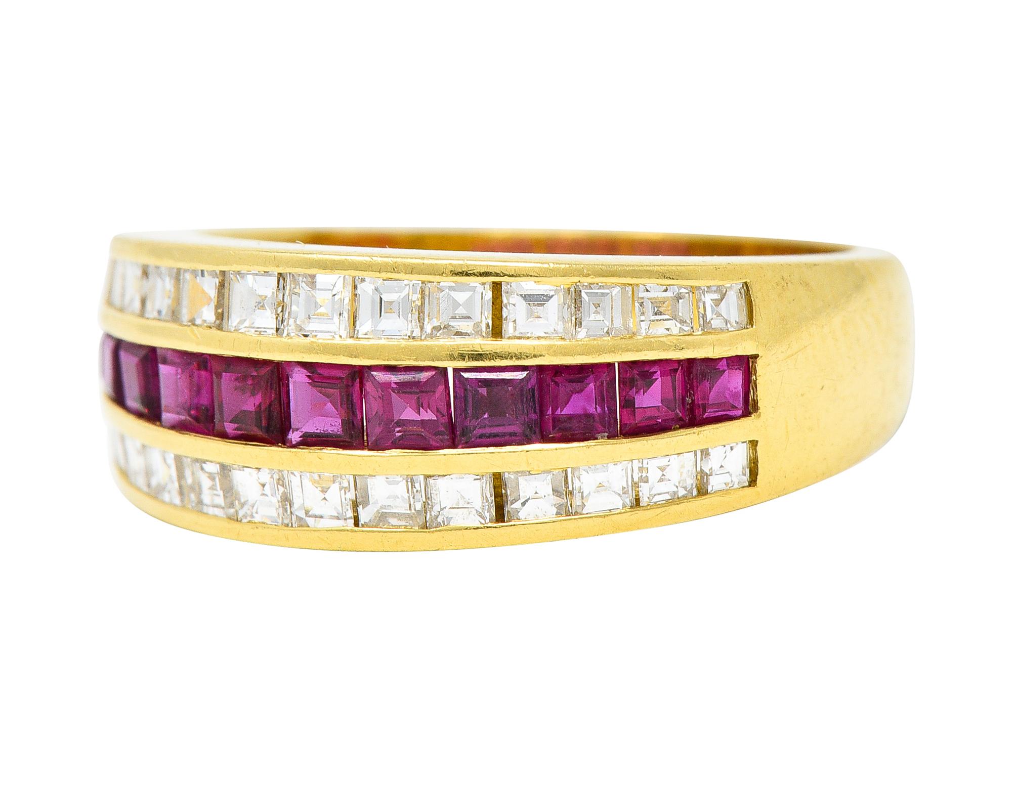 1.42 CTW Square Step-Cut Diamond Ruby 18 Karat Yellow Gold Vintage Channel Band For Sale 1