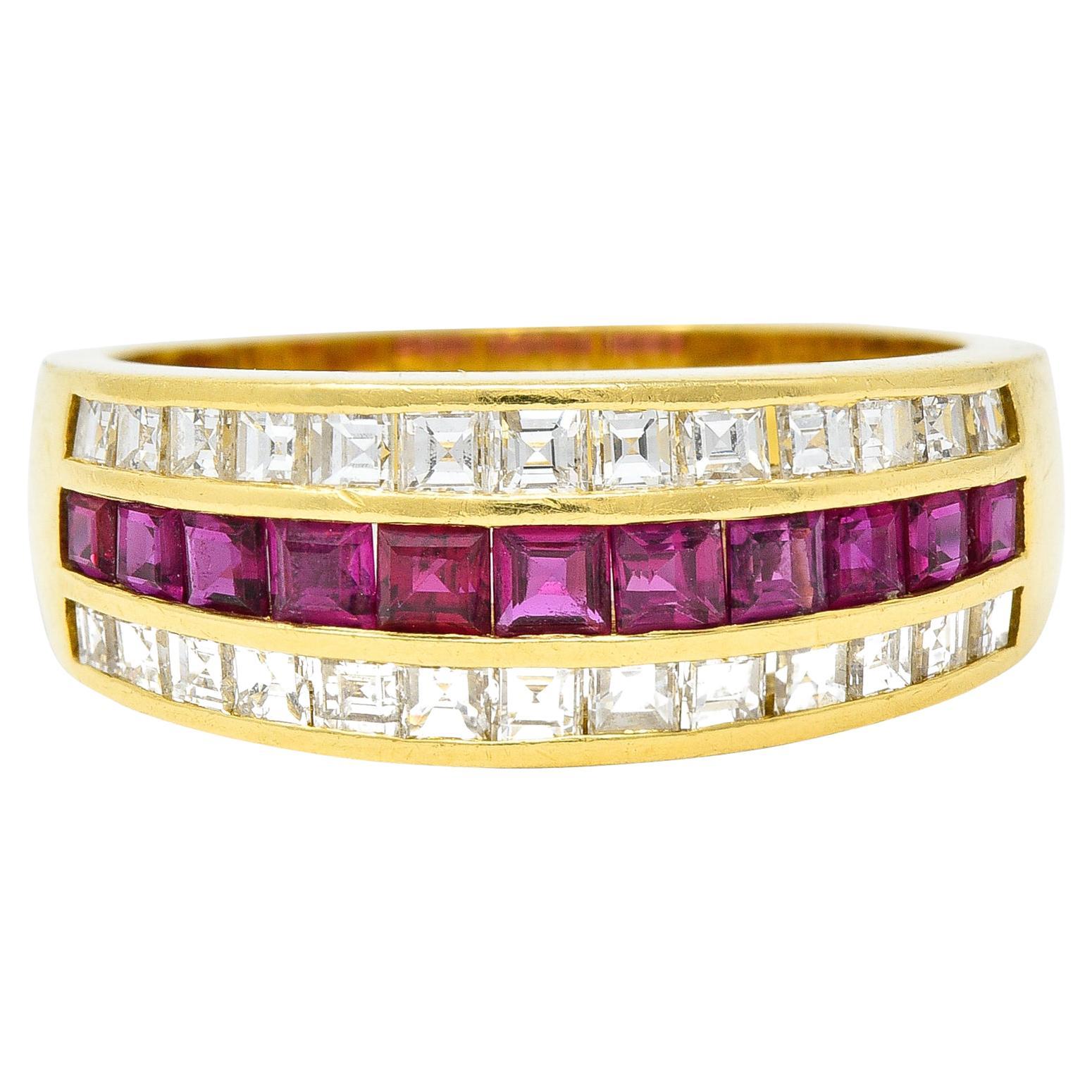 1.42 CTW Square Step-Cut Diamond Ruby 18 Karat Yellow Gold Vintage Channel Band For Sale