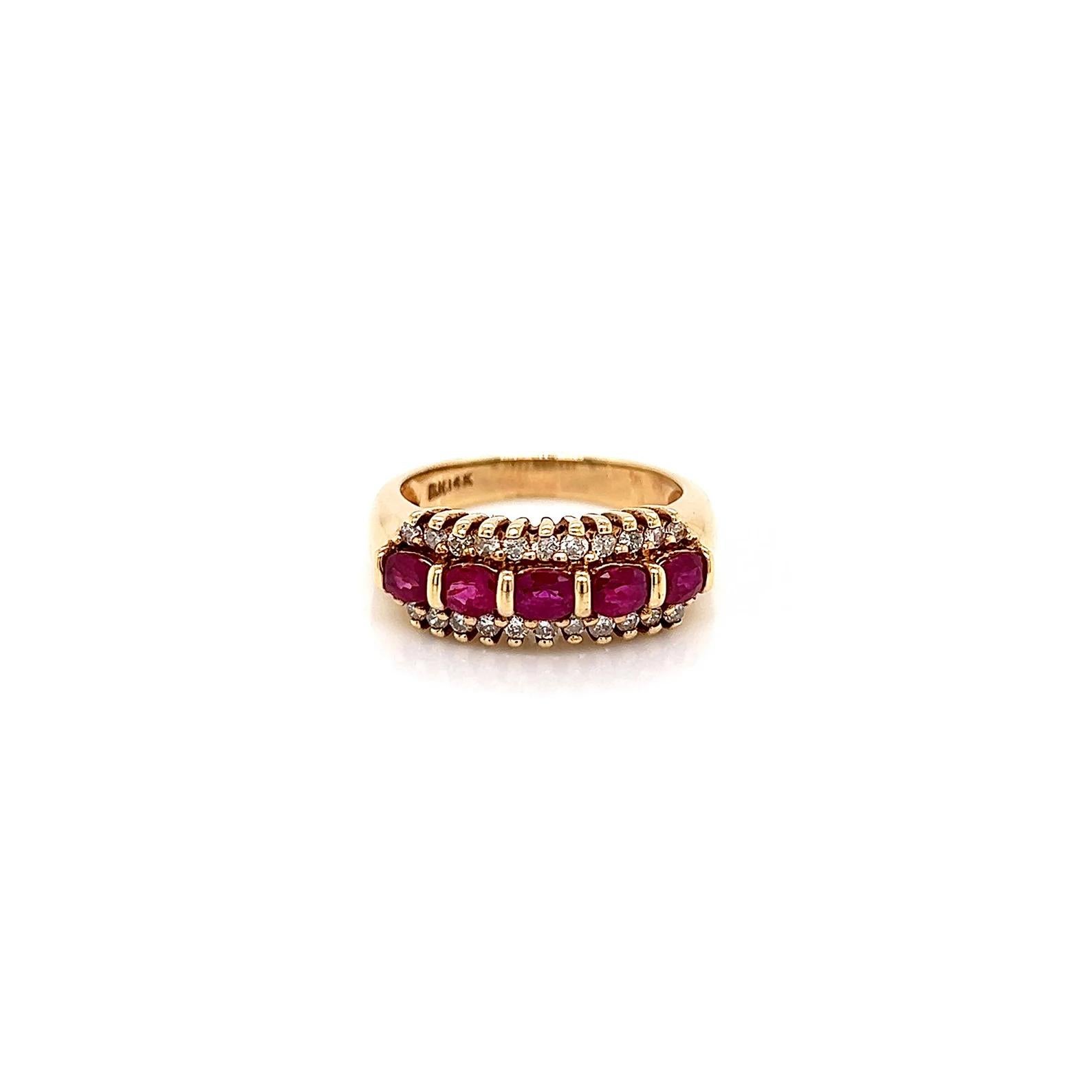 1.42 Total Carat Diamond and Ruby Ladies Ring

-Metal Type: 14K Yellow Gold
-0.32 Carat Round Natural Diamonds, G-H Color, SI Clarity 
-1.10 Carat Round Natural Ruby 
-Size 6.75

Resize is available. Just contact us before ordering, the price may