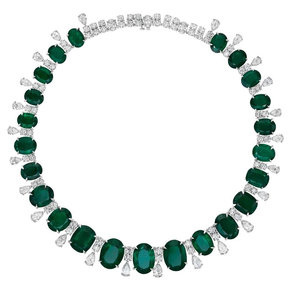 142.06ct Oval & Cushion Cut Emerald & Pear Shape Diamond Necklace For Sale