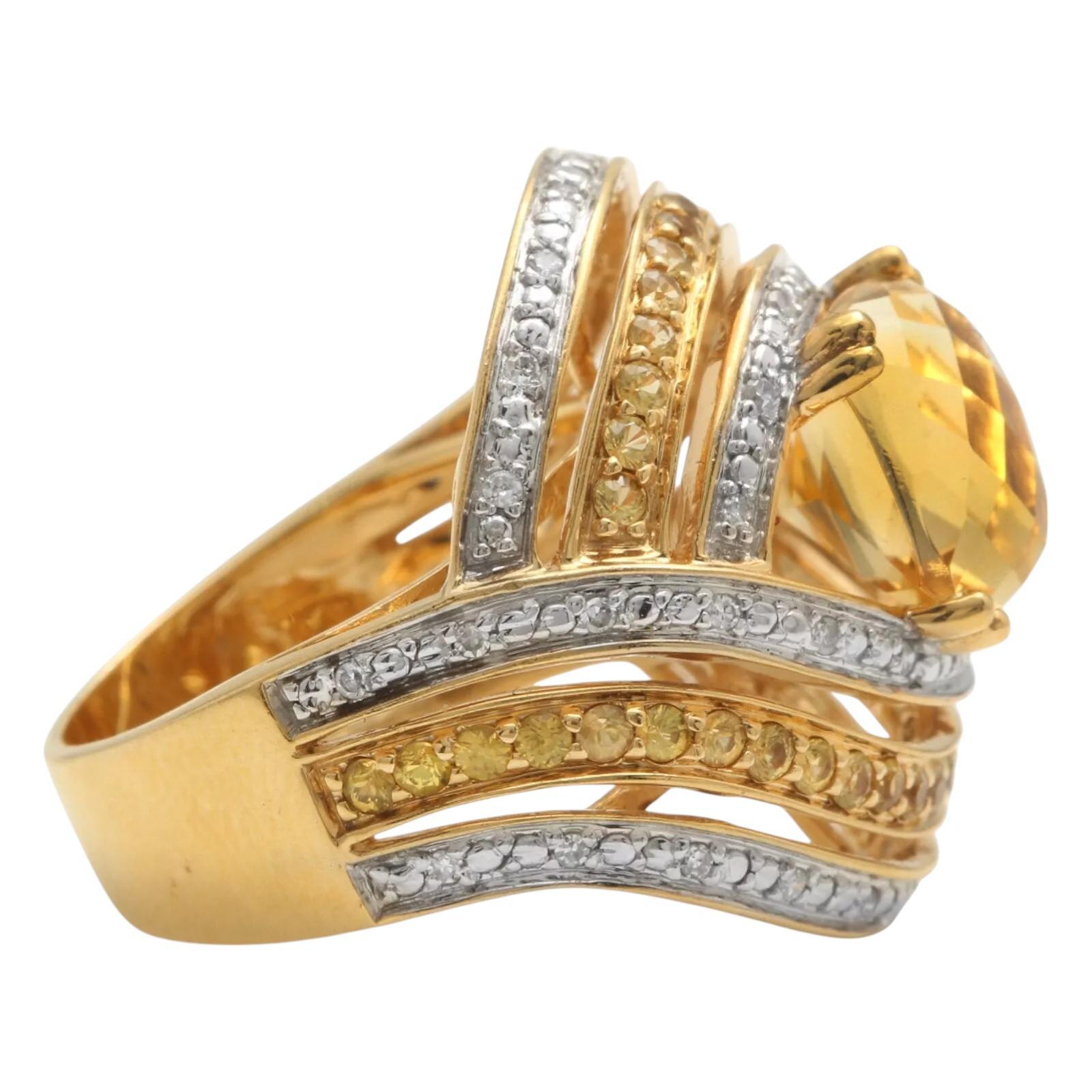 Modern 14.20Ct Natural Citrine, Yellow Sapphire and Diamond 14K Solid Yellow Gold Ring For Sale