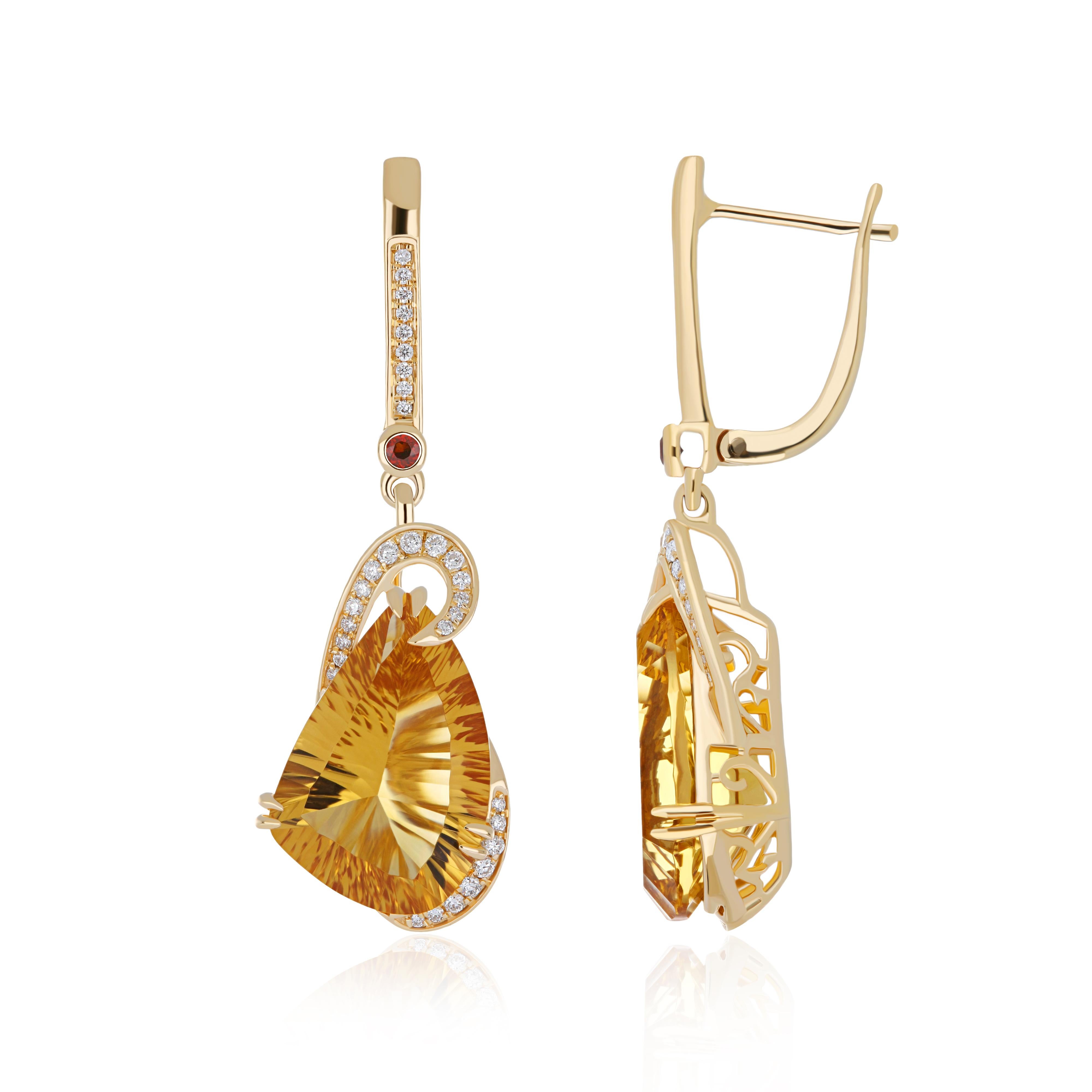 Elegant and Exquisitely Detailed Yellow Gold Earring set with Fancy Shape Citrine weighing approx. 14.20Cts (Total) and Garnet Round Shape weighing approx. 0.09 and with micro prove set Diamonds weighing approx. 0.28Cts Beautifully Hand Crafted in