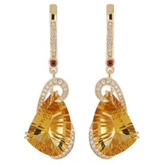 Boucle d'oreille en or jaune 14Karat avec citrine, grenat et diamant 14.20Cts