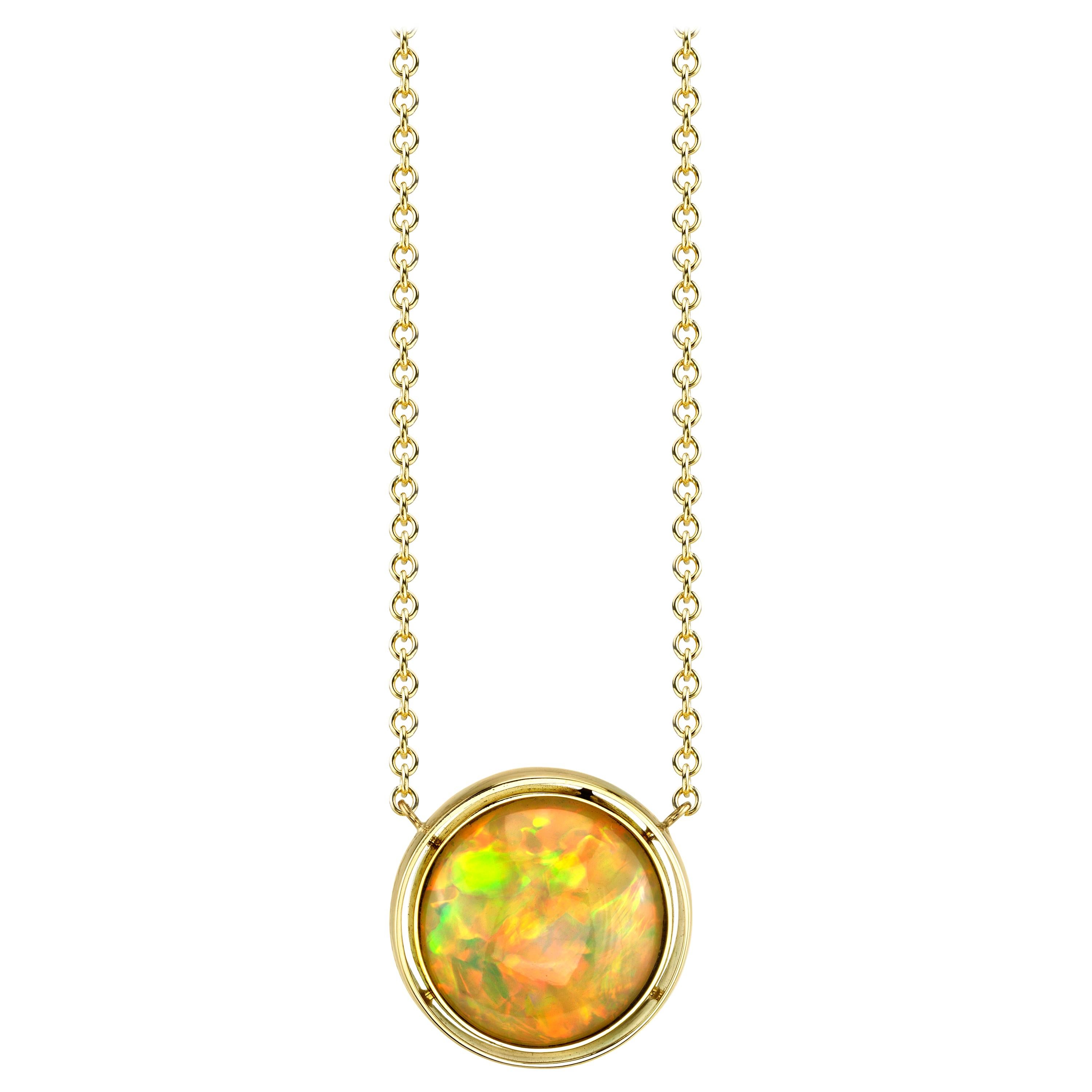 14.21 ct. Bezel Set Round Ethiopian Opal, 18k Yellow Gold Pendant Drop Necklace