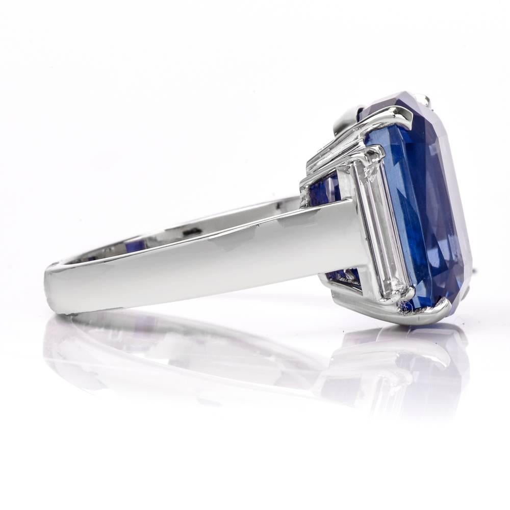 This stunning Ceylon sapphire diamond ring is crafted in solid platinum and weighs 12.0 Grams. It exposes a GIA Certified cushion natural Ceylon Sapphire of an enchanting blue color with no indications of heating. The impressive sapphire weighs