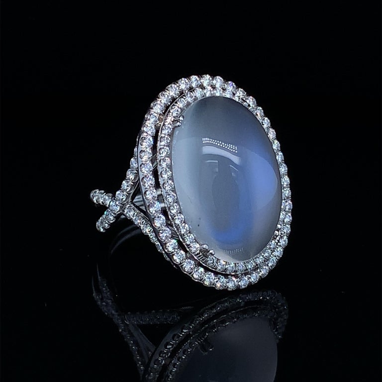 Artisan 14.21 Carat Tanzanian Blue Flash Moonstone Diamond White Gold Cocktail Ring