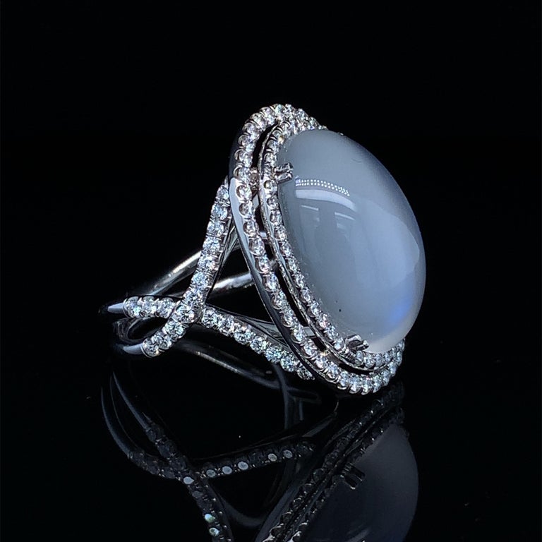 Cabochon 14.21 Carat Tanzanian Blue Flash Moonstone Diamond White Gold Cocktail Ring