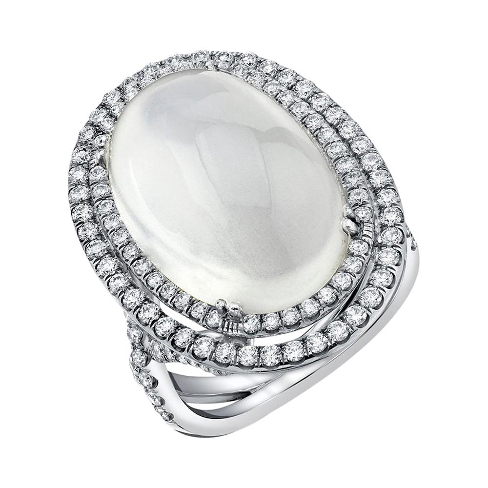 14.21 Carat Tanzanian Blue Flash Moonstone Diamond White Gold Cocktail Ring