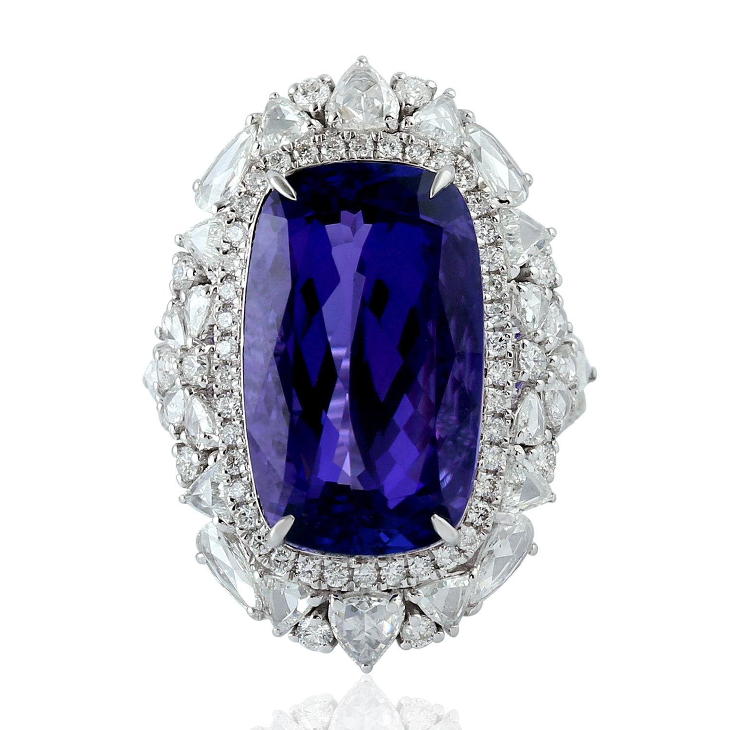 Mixed Cut 14.21 Carat Tanzanite Diamond 18 Karat White Gold Ring For Sale