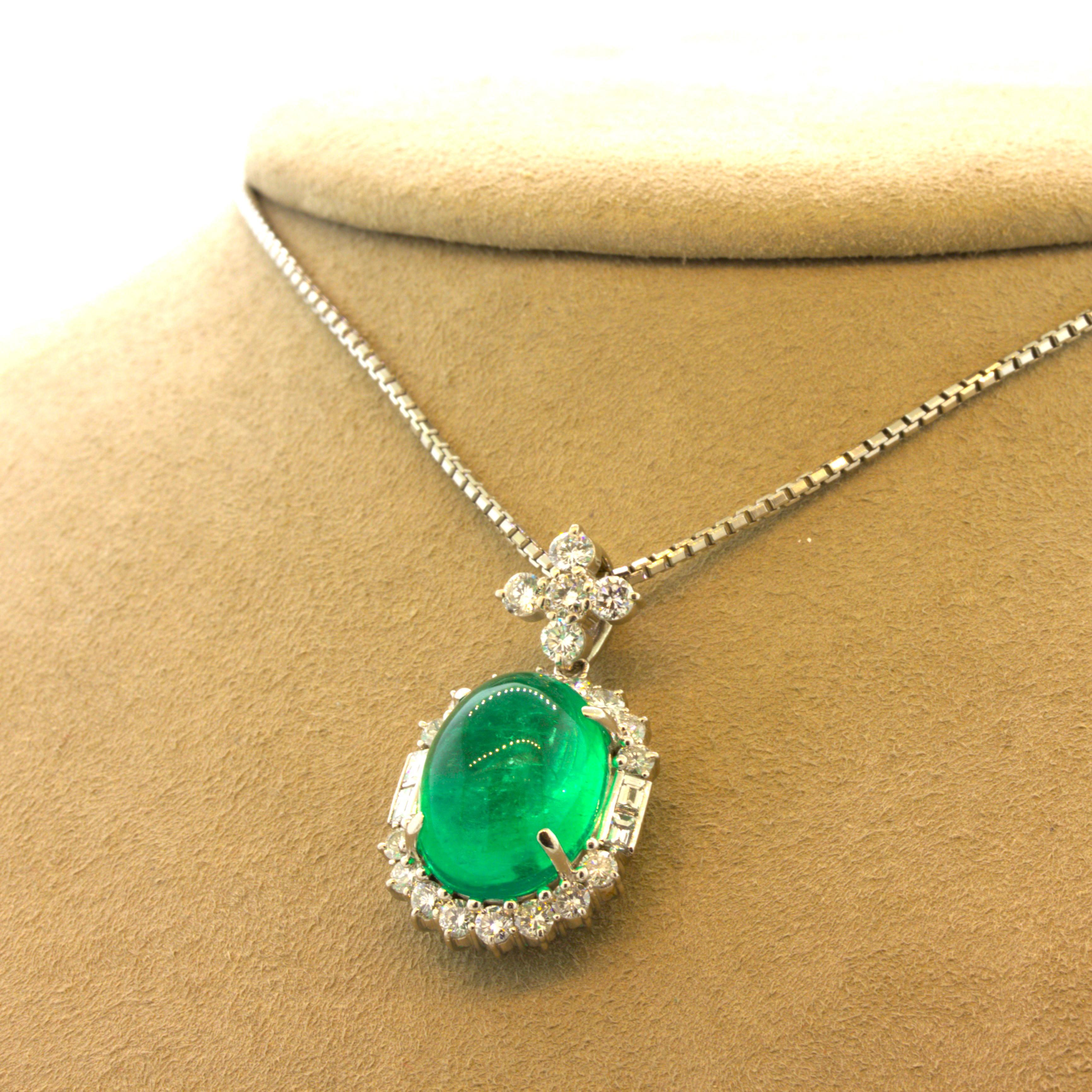 Cabochon 14.22 Carat Colombian Emerald Diamond Platinum Pendant, GIA Certified For Sale