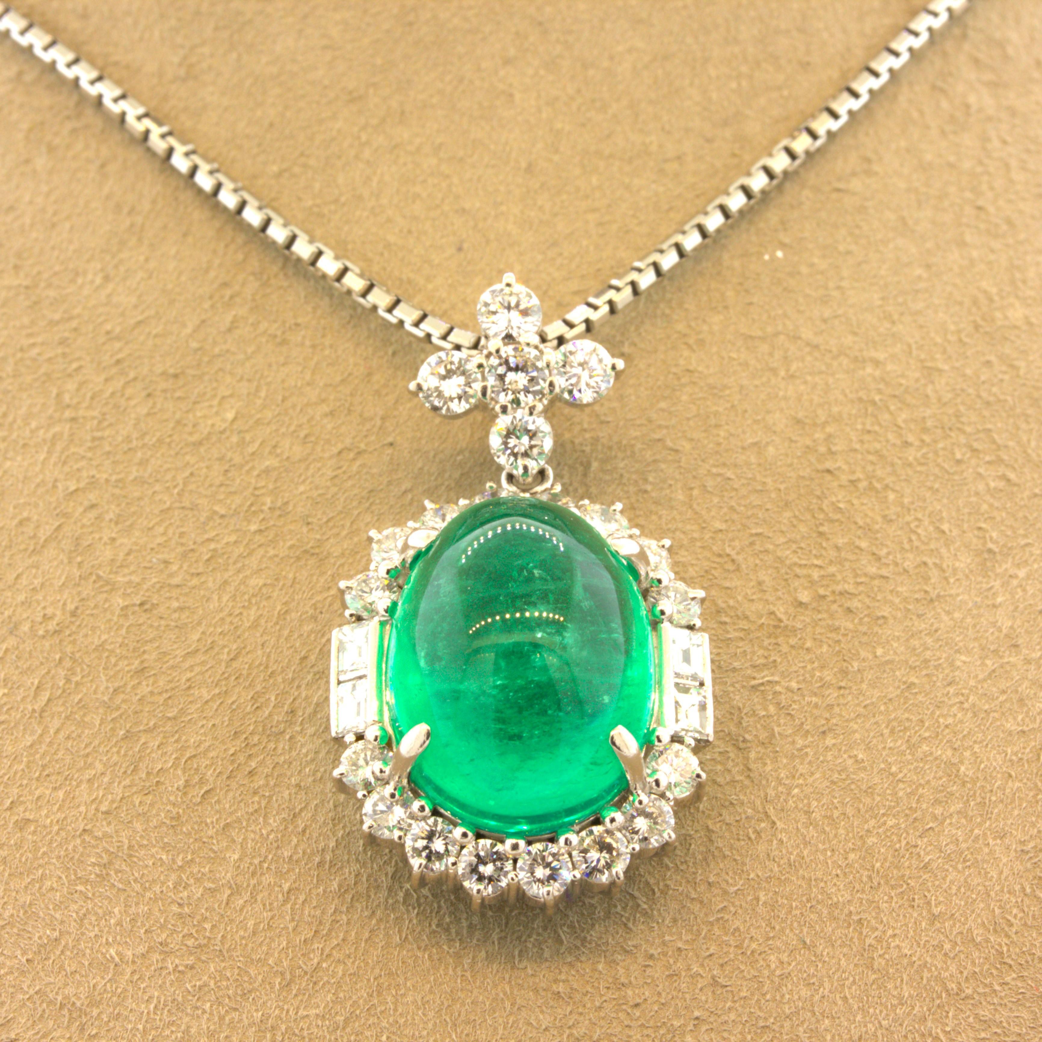Women's 14.22 Carat Colombian Emerald Diamond Platinum Pendant, GIA Certified For Sale