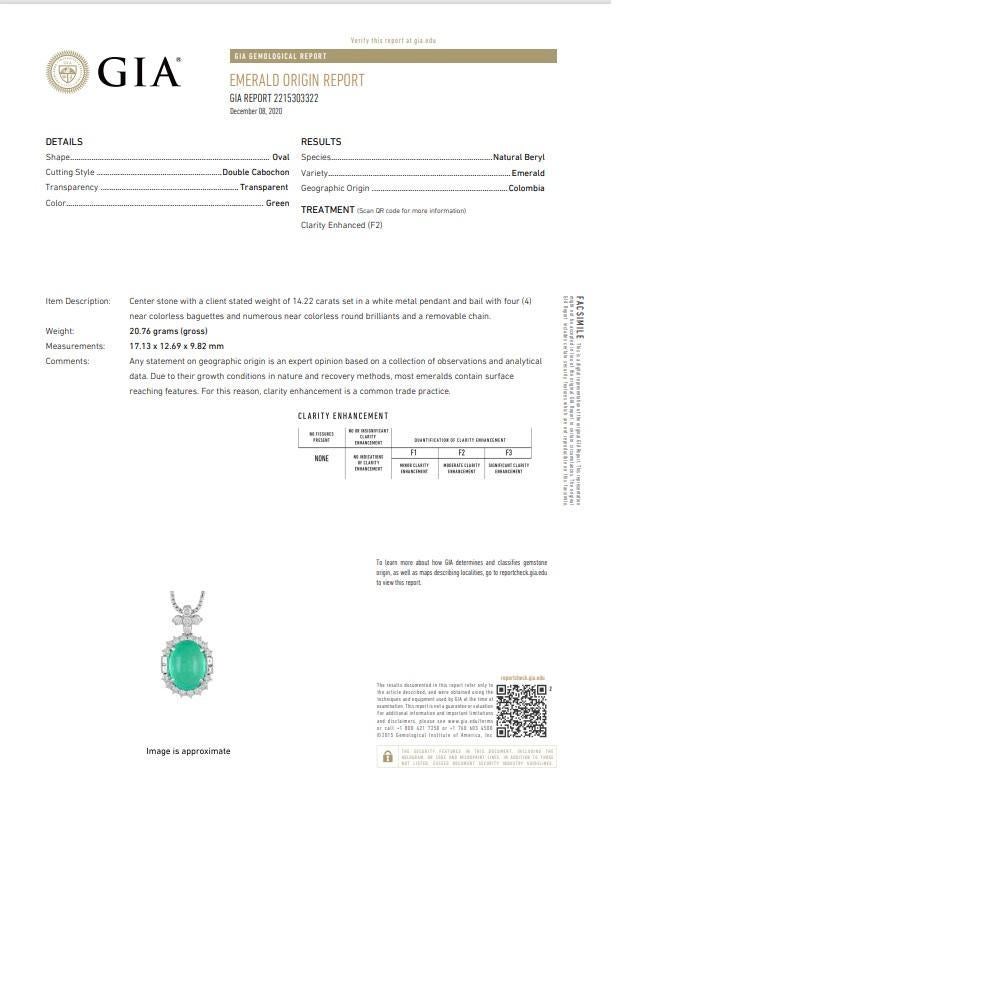 14.22 Carat Colombian Emerald Diamond Platinum Pendant, GIA Certified For Sale 3