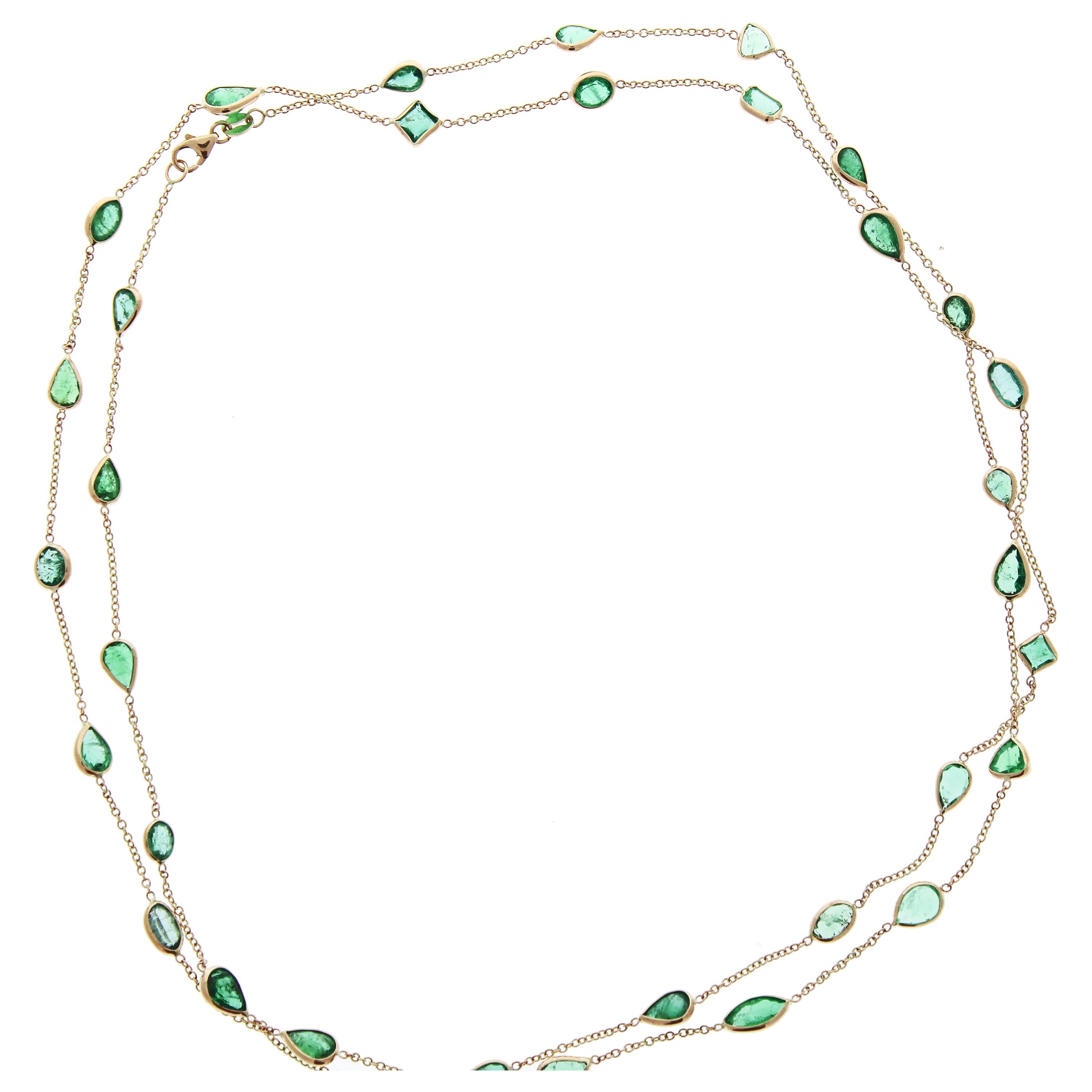 14.22 Carat Mixed Cut Emerald Necklace in 14K Yellow Gold For Sale