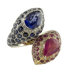 14.22 ct Rubies and Blue Sapphires, Diamonds White, Rose Gold Snake Heads Ring