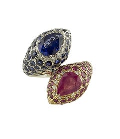 14.22 ct Rubies and Blue Sapphires, Diamonds White, Rose Gold Snake Heads Ring