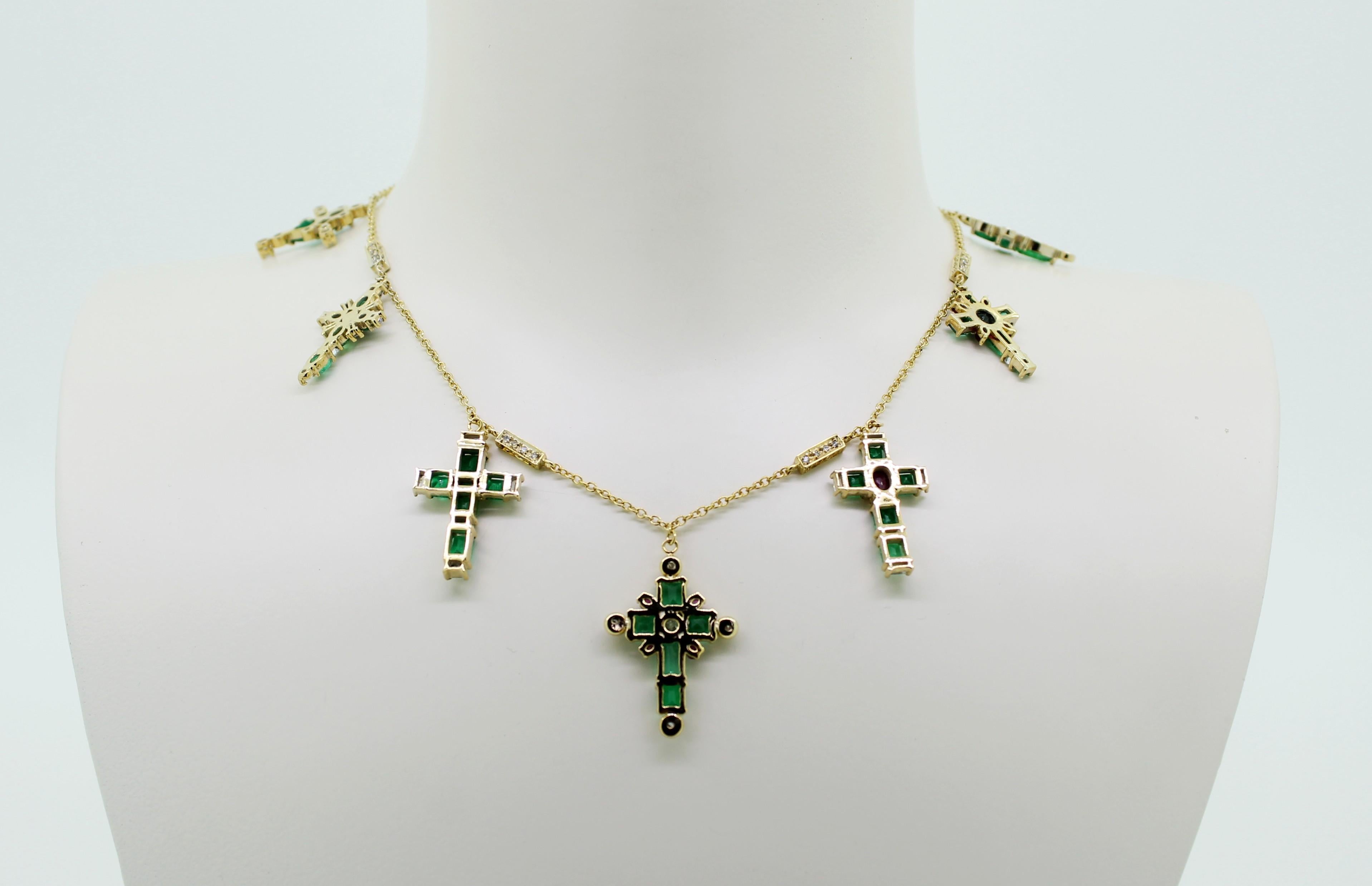 Women's 14.23 Carat Emerald Crosses with Diamonds and Ruby Charms Necklace For Sale