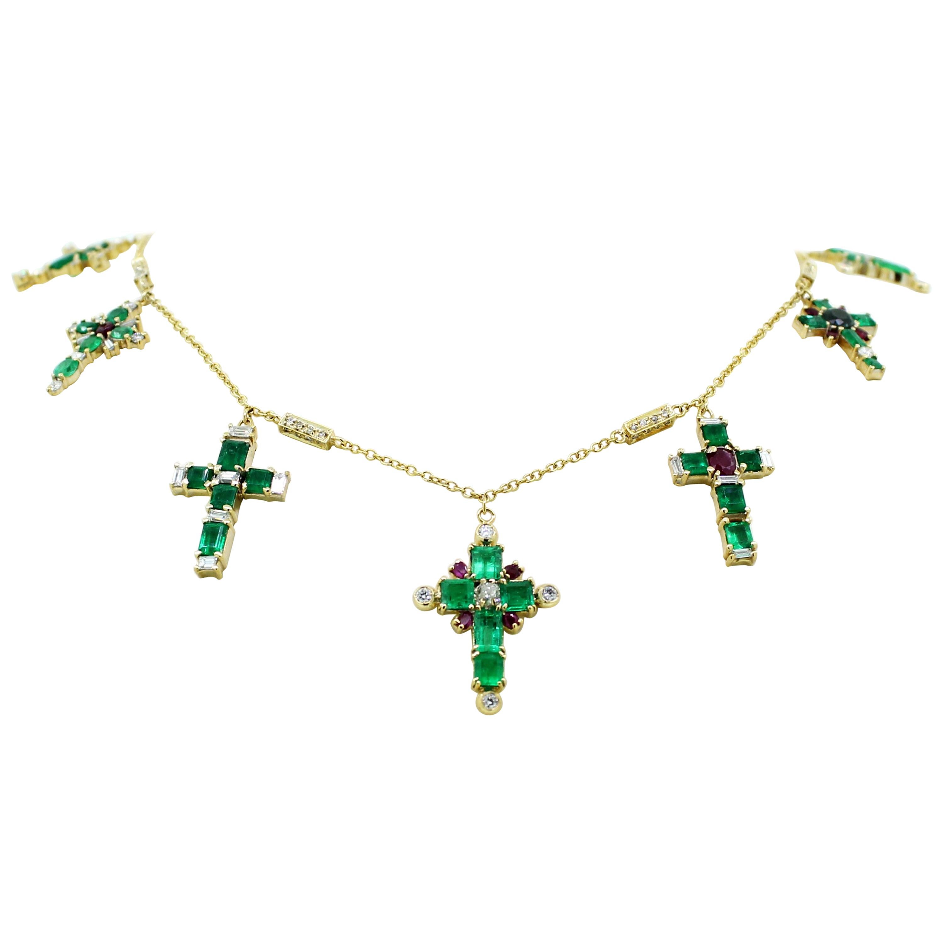 14.23 Carat Emerald Crosses with Diamonds and Ruby Charms Necklace For Sale