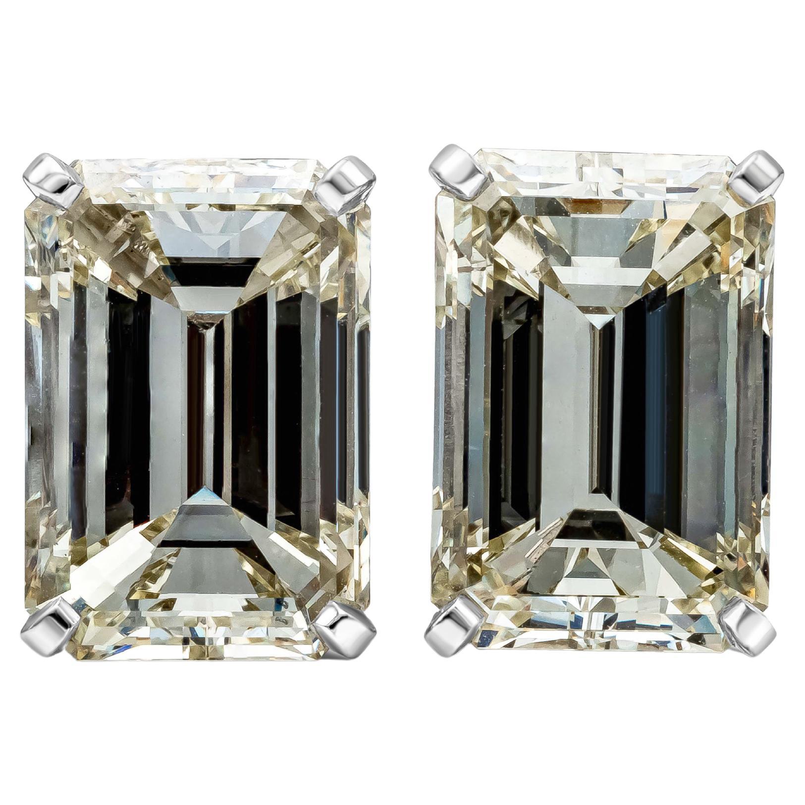 These earrings feature 2 GIA Certified emerald-cut diamonds weighing 7.01 carat and 7.21 carat. The diamonds are GIA certified, K Color and VVS1-VVS2 in Clarity. Hand-crafted in Platinum, with an omega/post mechanism.

Style available in different