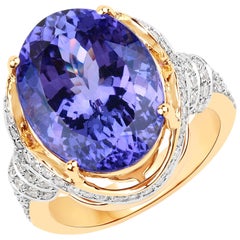 14.23 Carat Genuine Tanzanite and Diamond 18 Karat Yellow Gold Cocktail Ring
