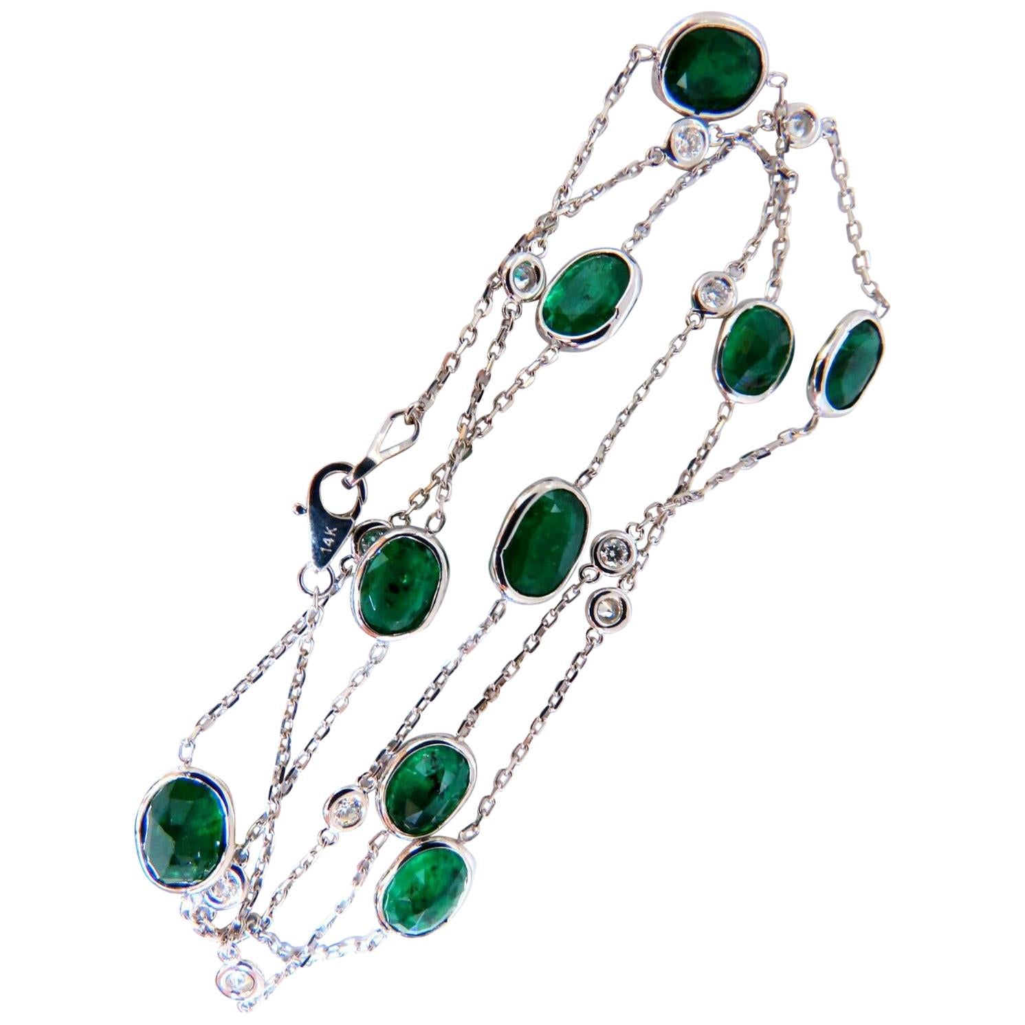 14.23 Carat Natural Emeralds Diamonds Yard Necklace 14 Karat For Sale