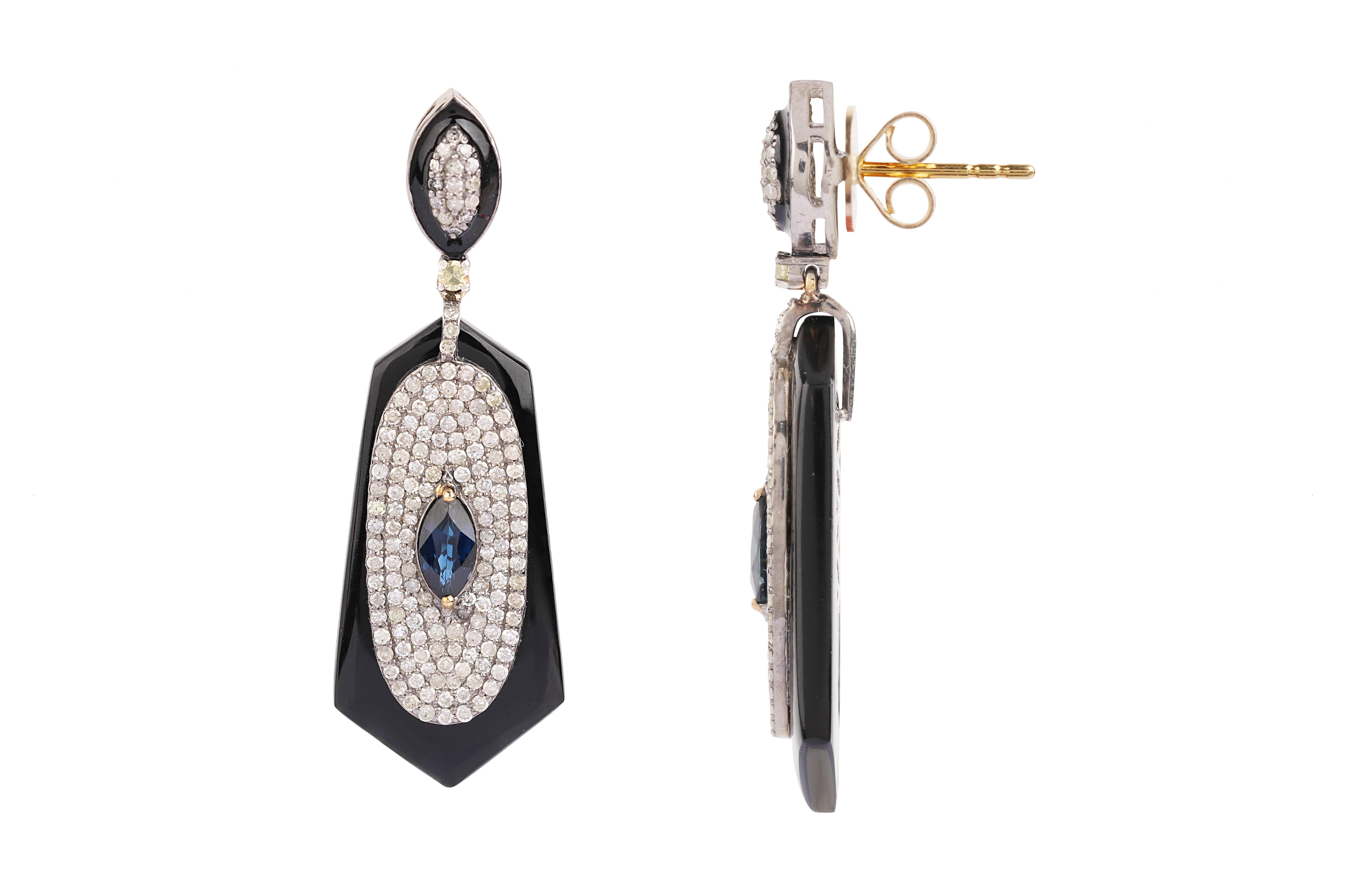 Marquise Cut 14.24 Carats Diamond, Sapphire, and Onyx Drop Earrings in Contemporary Style For Sale