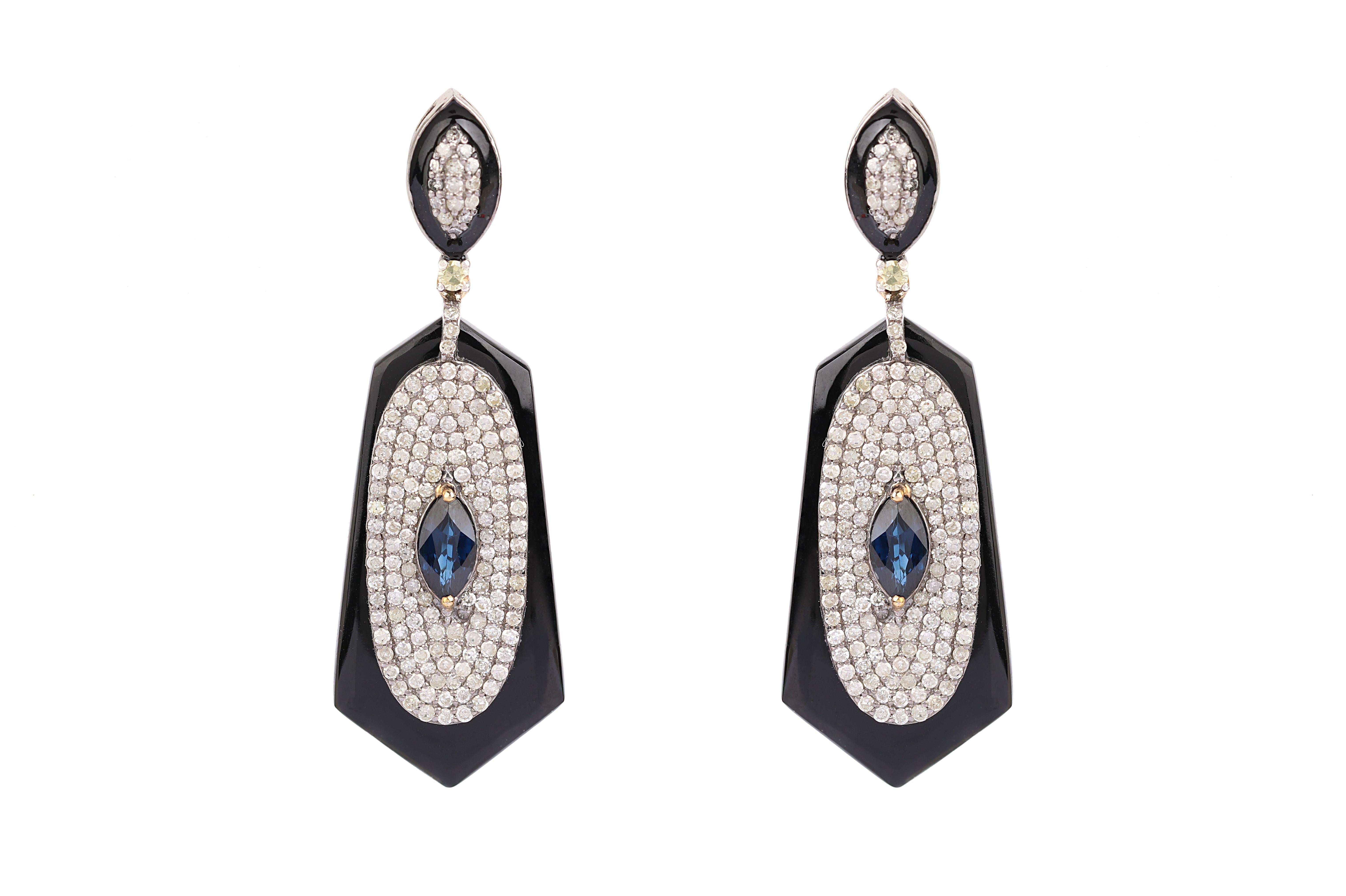 Women's 14.24 Carats Diamond, Sapphire, and Onyx Drop Earrings in Contemporary Style For Sale