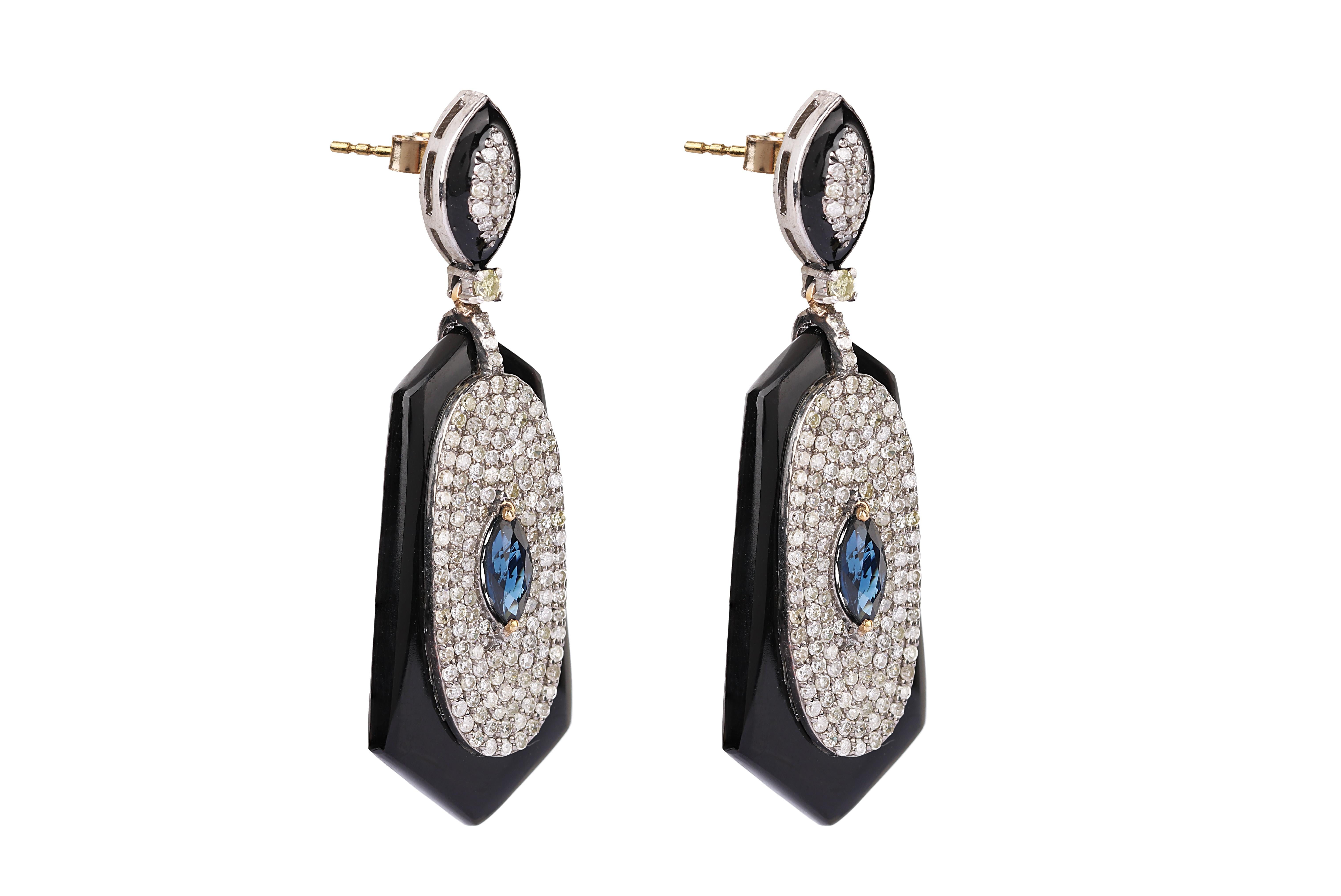 14.24 Carats Diamond, Sapphire, and Onyx Drop Earrings in Contemporary Style For Sale 1