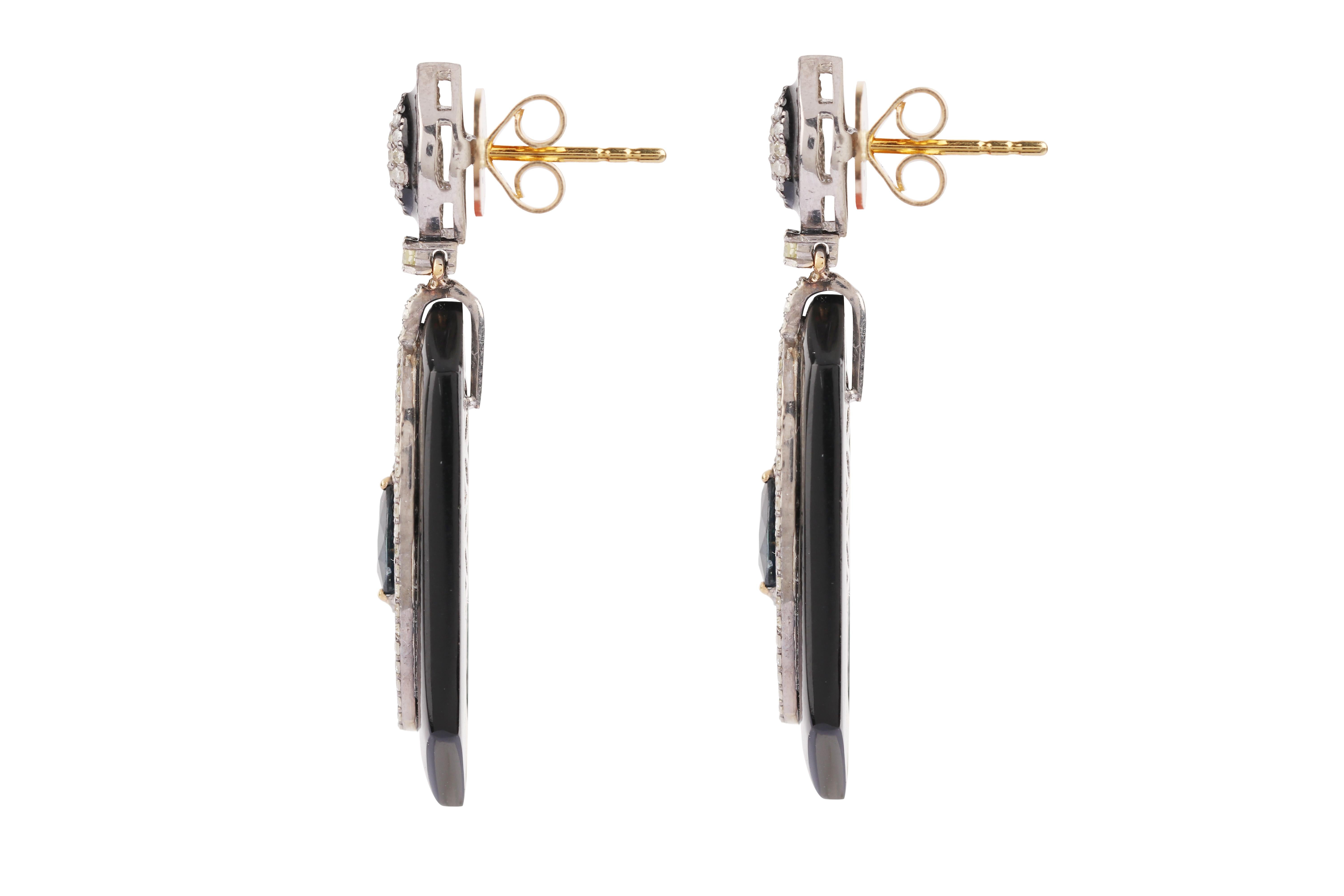 14.24 Carats Diamond, Sapphire, and Onyx Drop Earrings in Contemporary Style For Sale 2