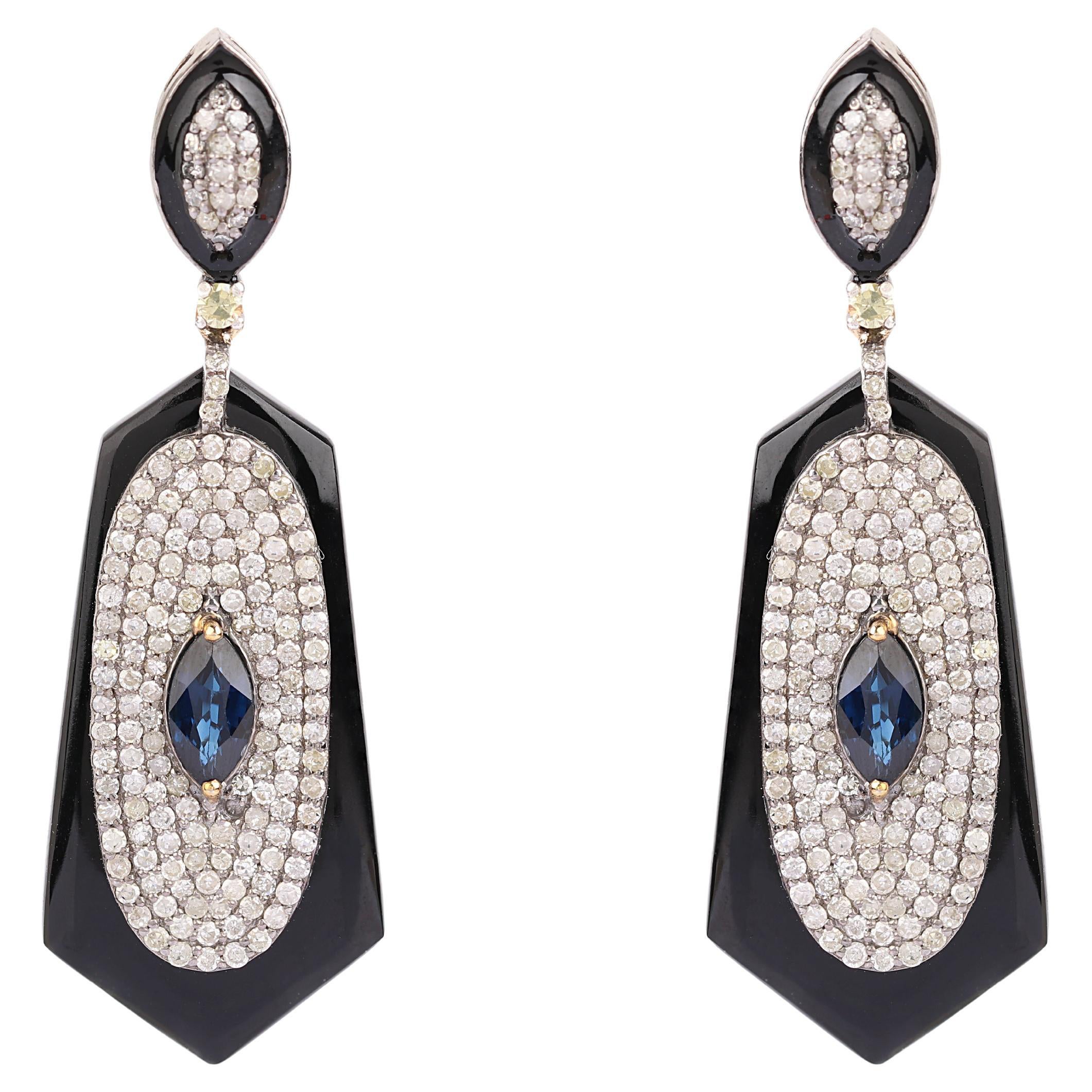 Pendants d'oreilles de 14,24 carats en diamant, saphir et onyx de style contemporain