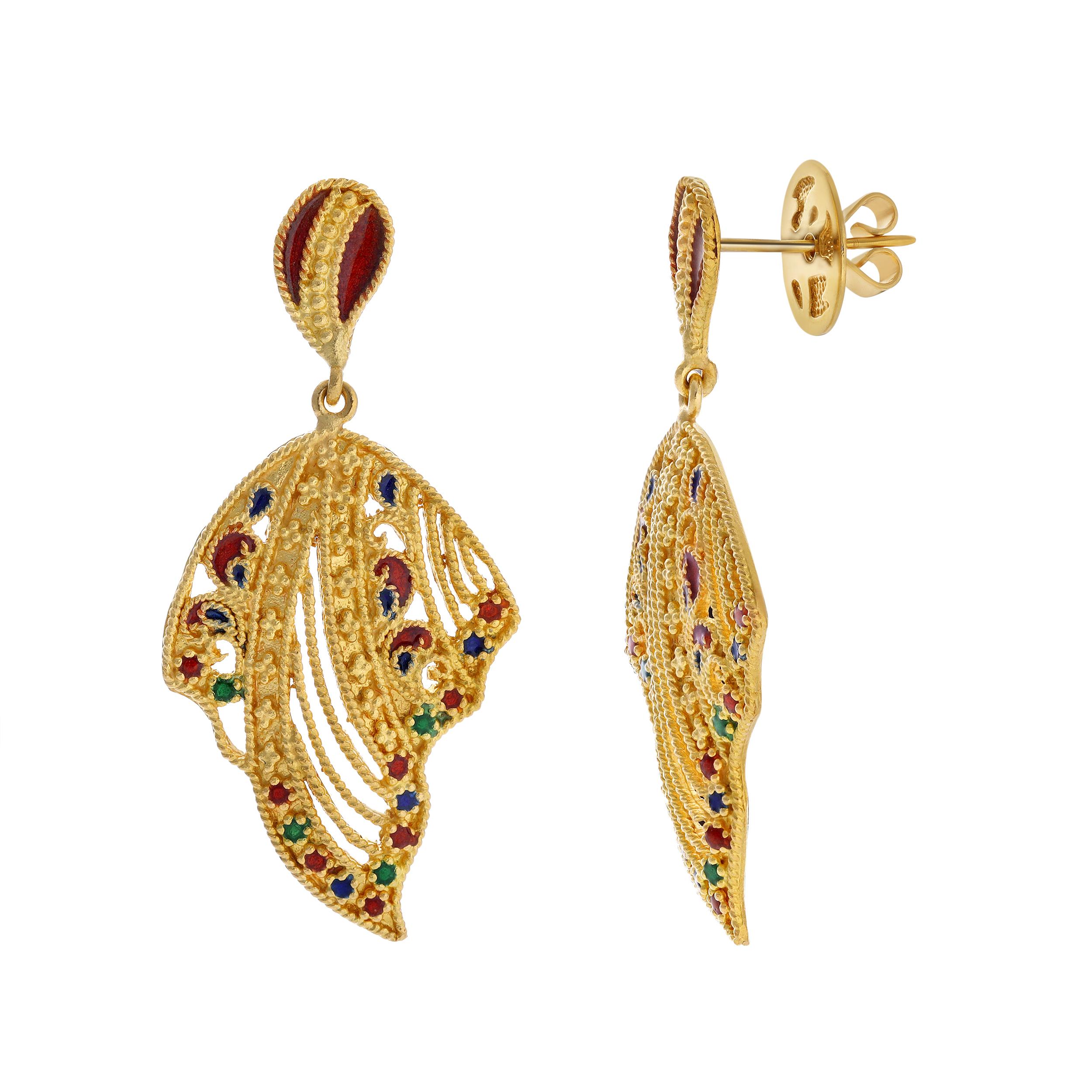 14,24 Gramm Etruscan Revival Emaille Ohrringe in Gelbgold (Neoetruskisch) im Angebot