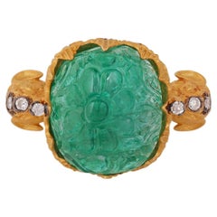 Art Deco High Quality Zambian Carved Emerald and Diamond Ring