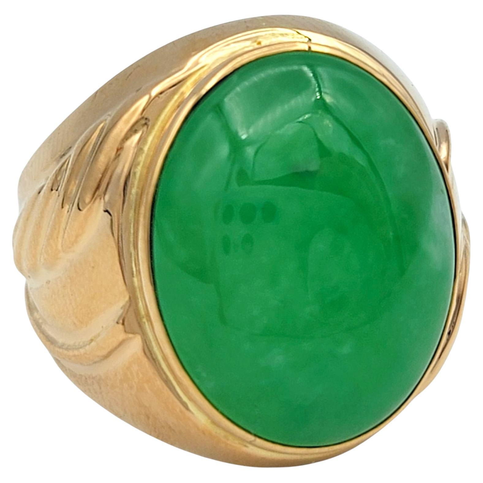 Contemporary 14.25 Carat Oval Cabochon Green Jade Cocktail Ring in 20 Karat Yellow Gold For Sale
