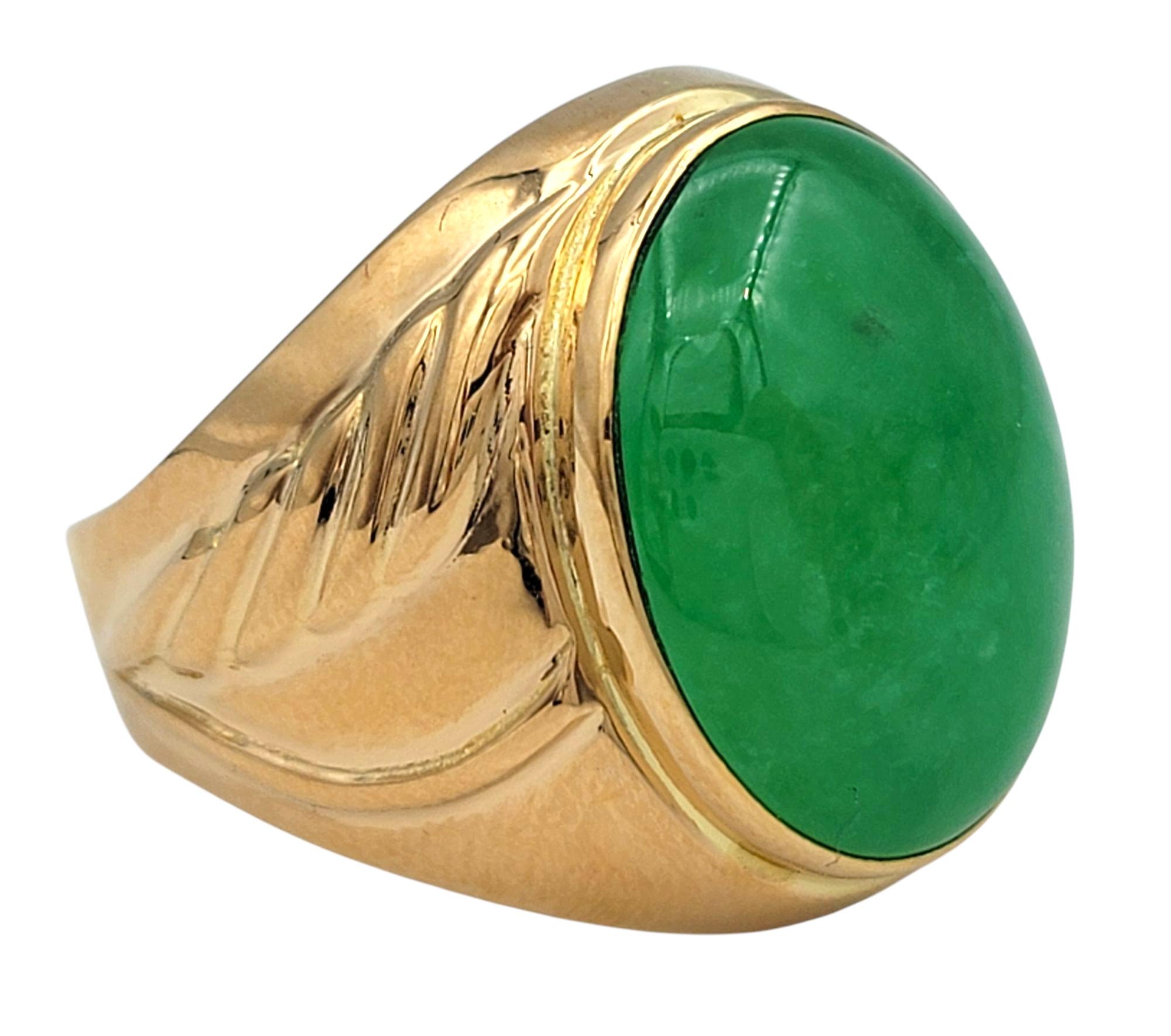 Women's or Men's 14.25 Carat Oval Cabochon Green Jade Cocktail Ring in 20 Karat Yellow Gold For Sale