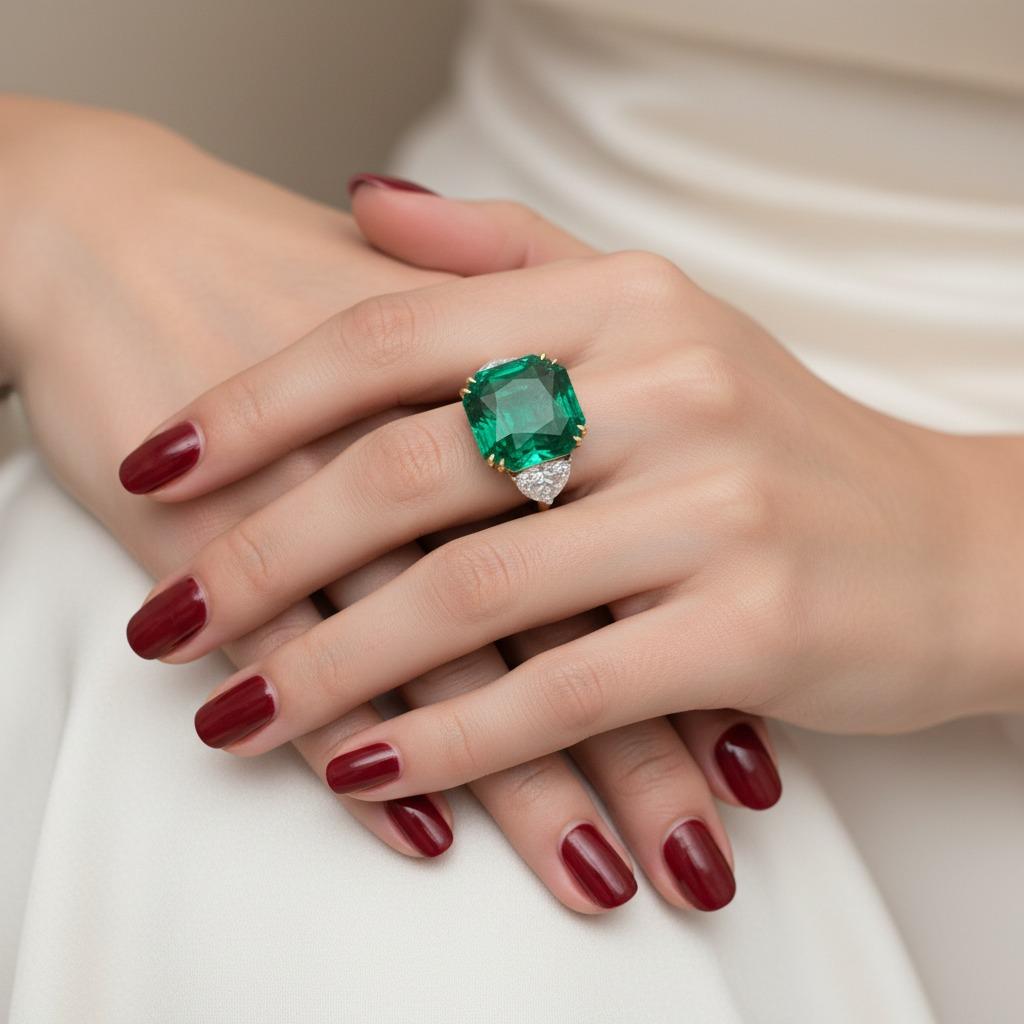 Contemporary 14.25 Carat Zambian Emerald & Half Moon Diamond Platinum and 18K For Sale