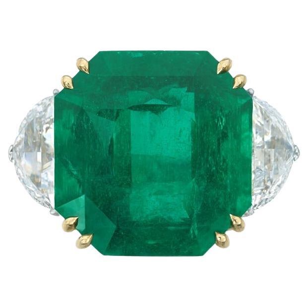 14.25 Carat Zambian Emerald 
Half Moon Diamond Platinum and 18K For Sale