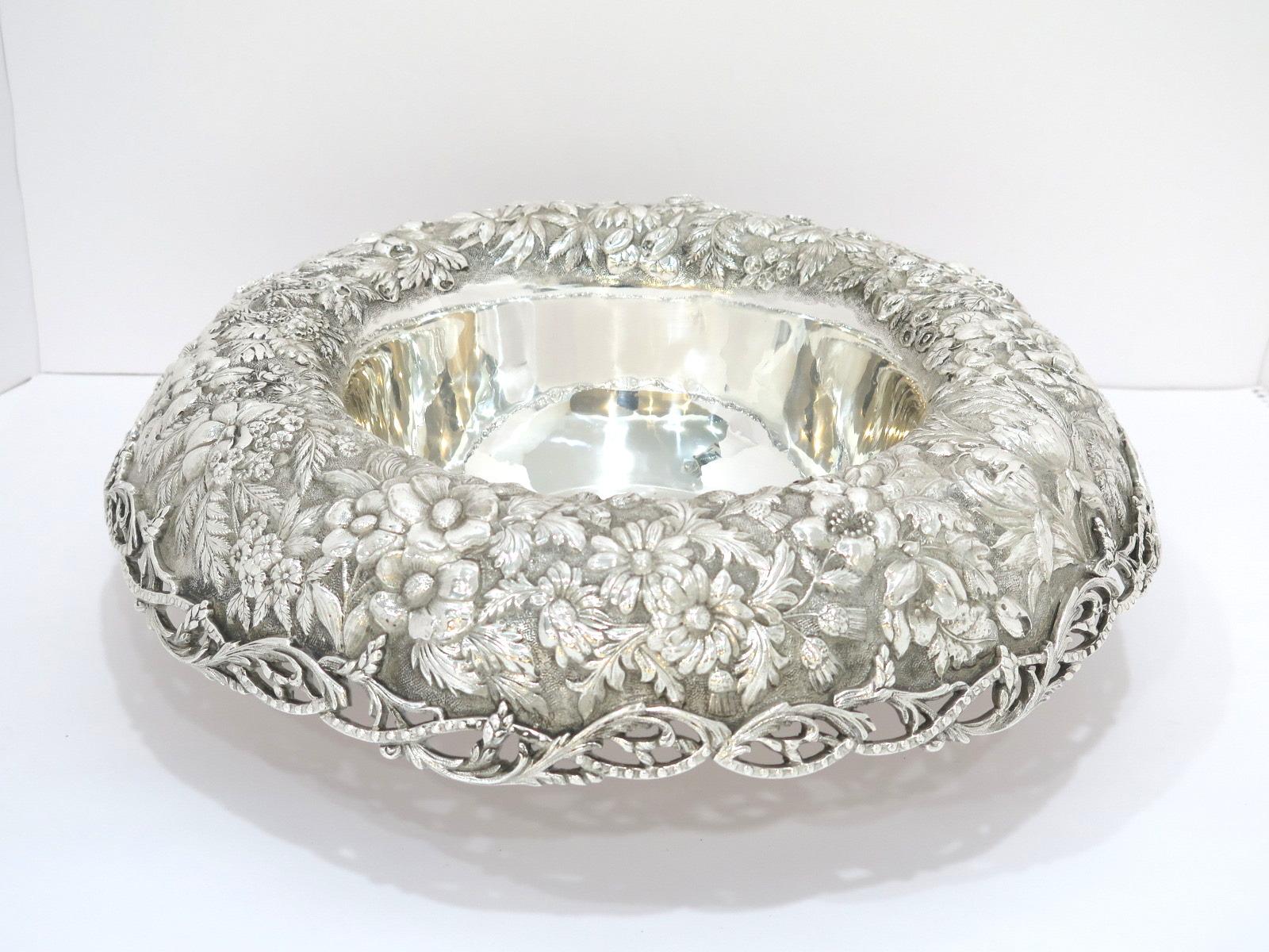 14.25 in Sterling Silver S. Kirk & Son Antique Floral Repousse Centerpiece Bowl In Good Condition In Brooklyn, NY