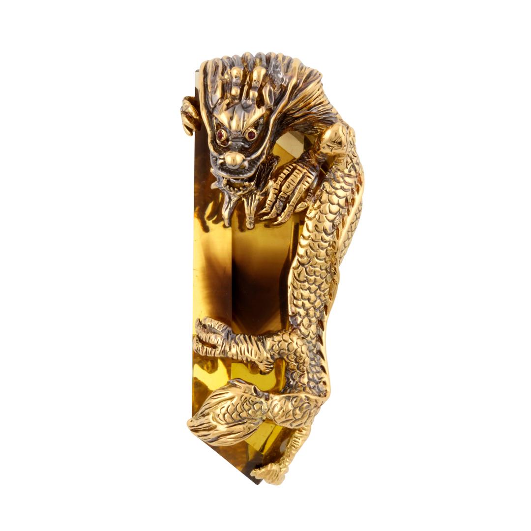 142.5ct Citrine and Rubies 18k Gold Climbing Dragon Pendant, John Landrum Bryant For Sale