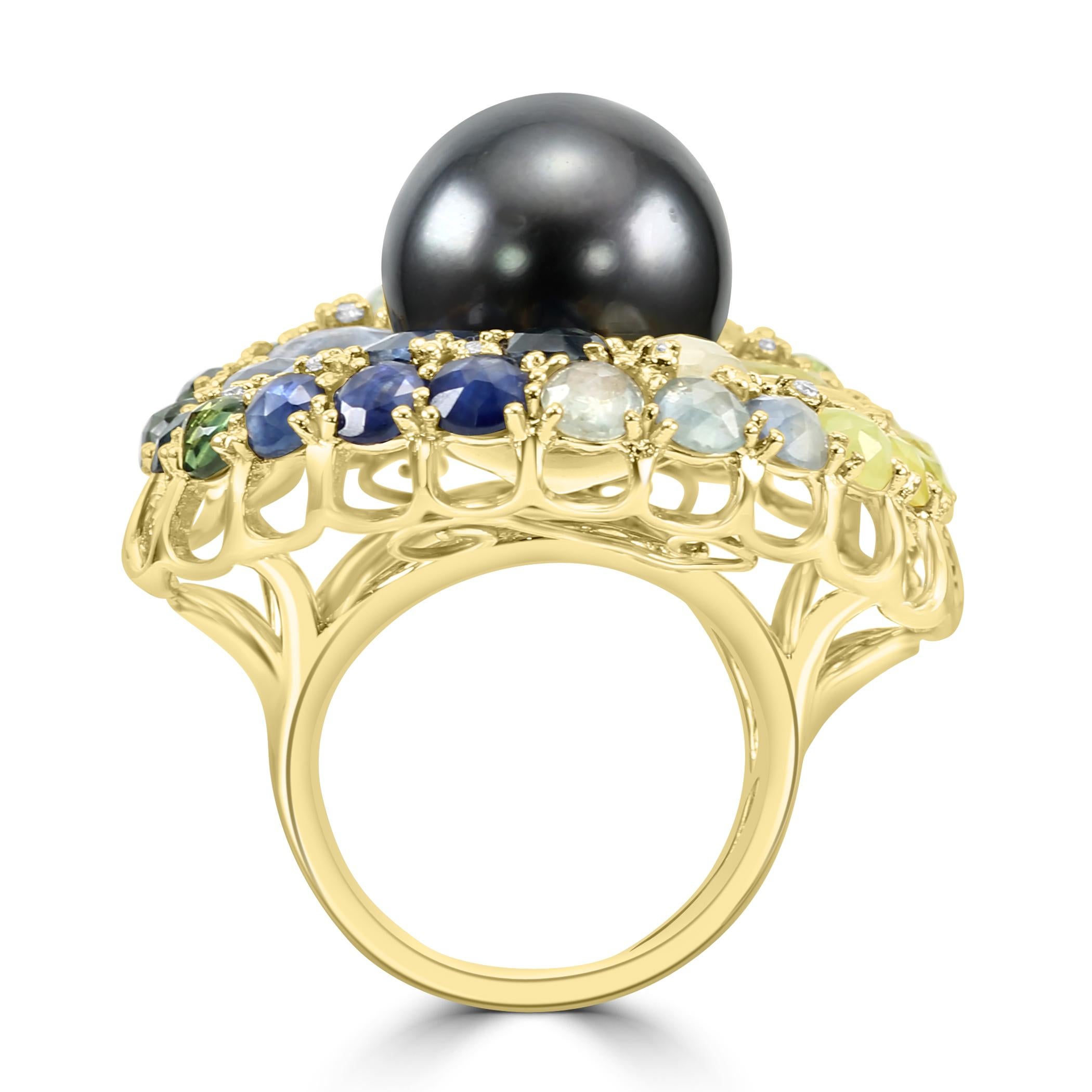 Art Deco 14.25mm Tahitian Pearl Diamond Multi Sapphire 18 Karat Yellow Gold Fashion Ring For Sale