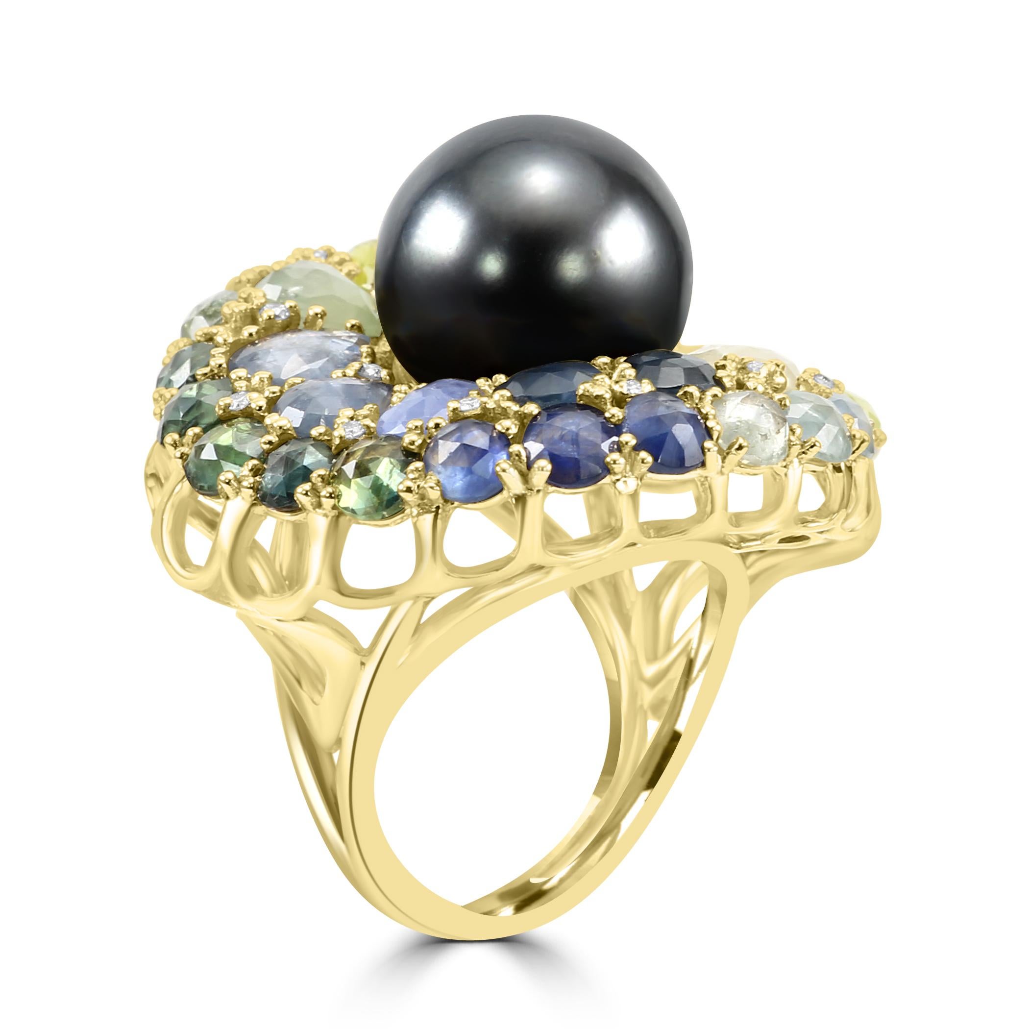 Cabochon 14.25mm Tahitian Pearl Diamond Multi Sapphire 18 Karat Yellow Gold Fashion Ring For Sale