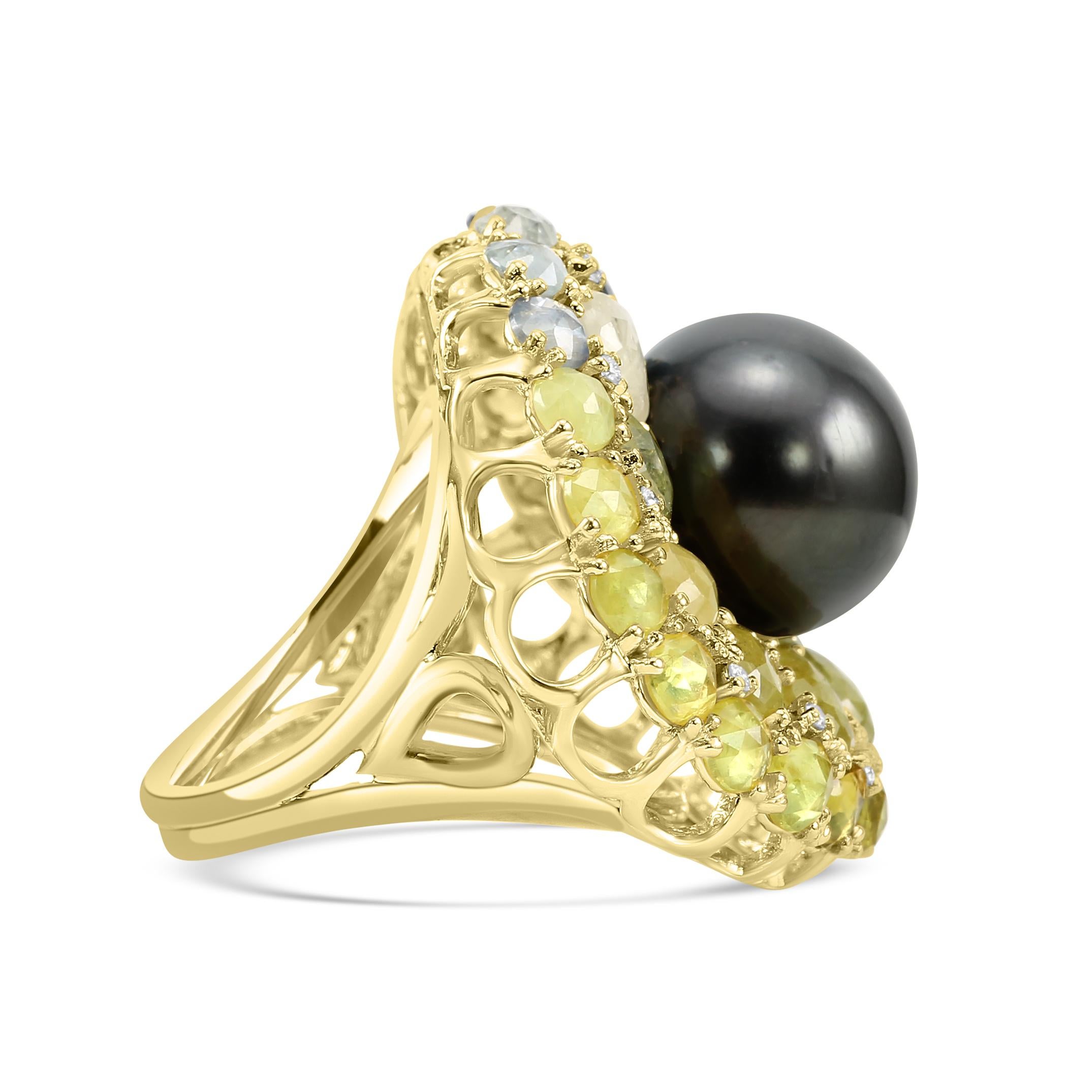 Women's or Men's 14.25mm Tahitian Pearl Diamond Multi Sapphire 18 Karat Yellow Gold Fashion Ring For Sale
