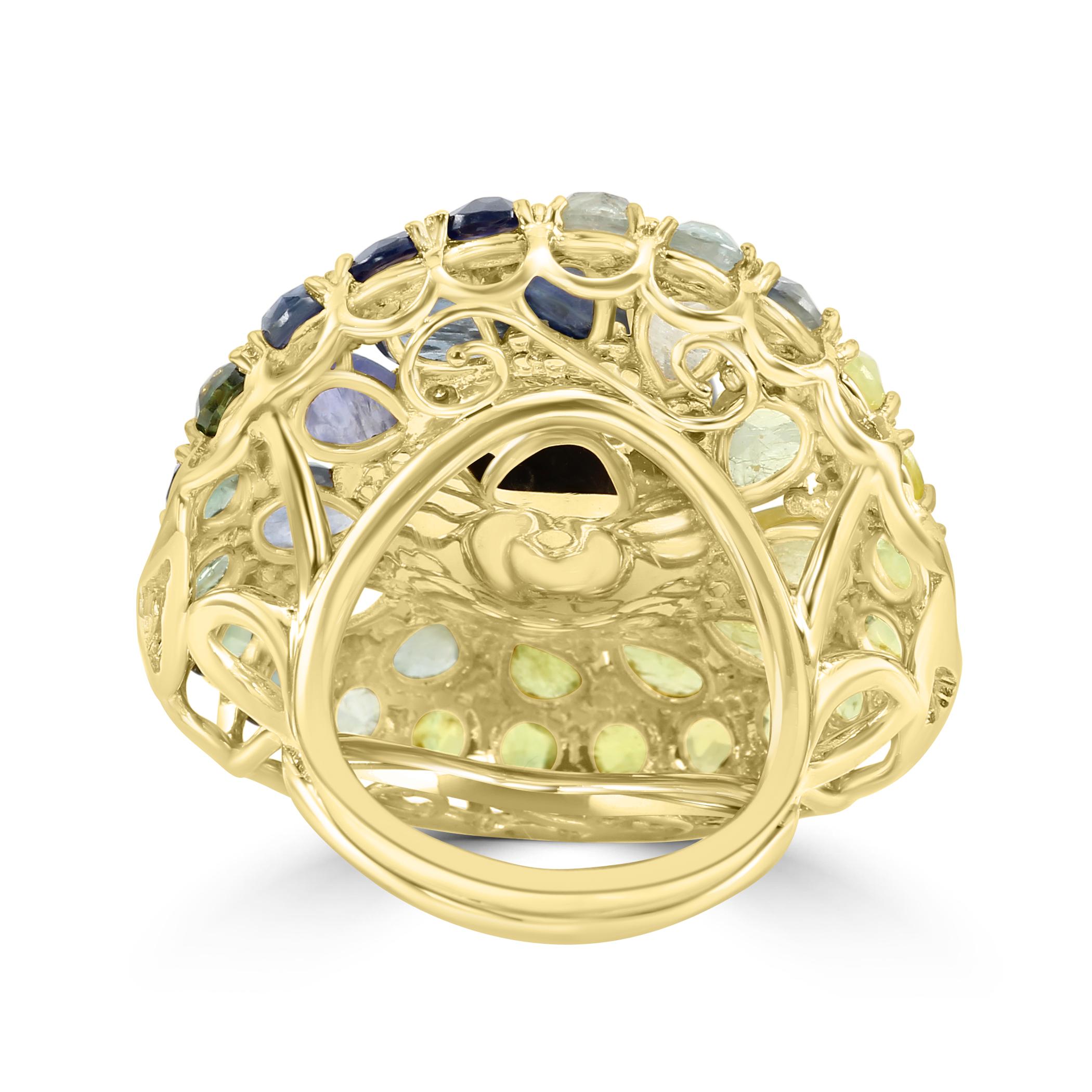 14.25mm Tahitian Pearl Diamond Multi Sapphire 18 Karat Yellow Gold Fashion Ring For Sale 1