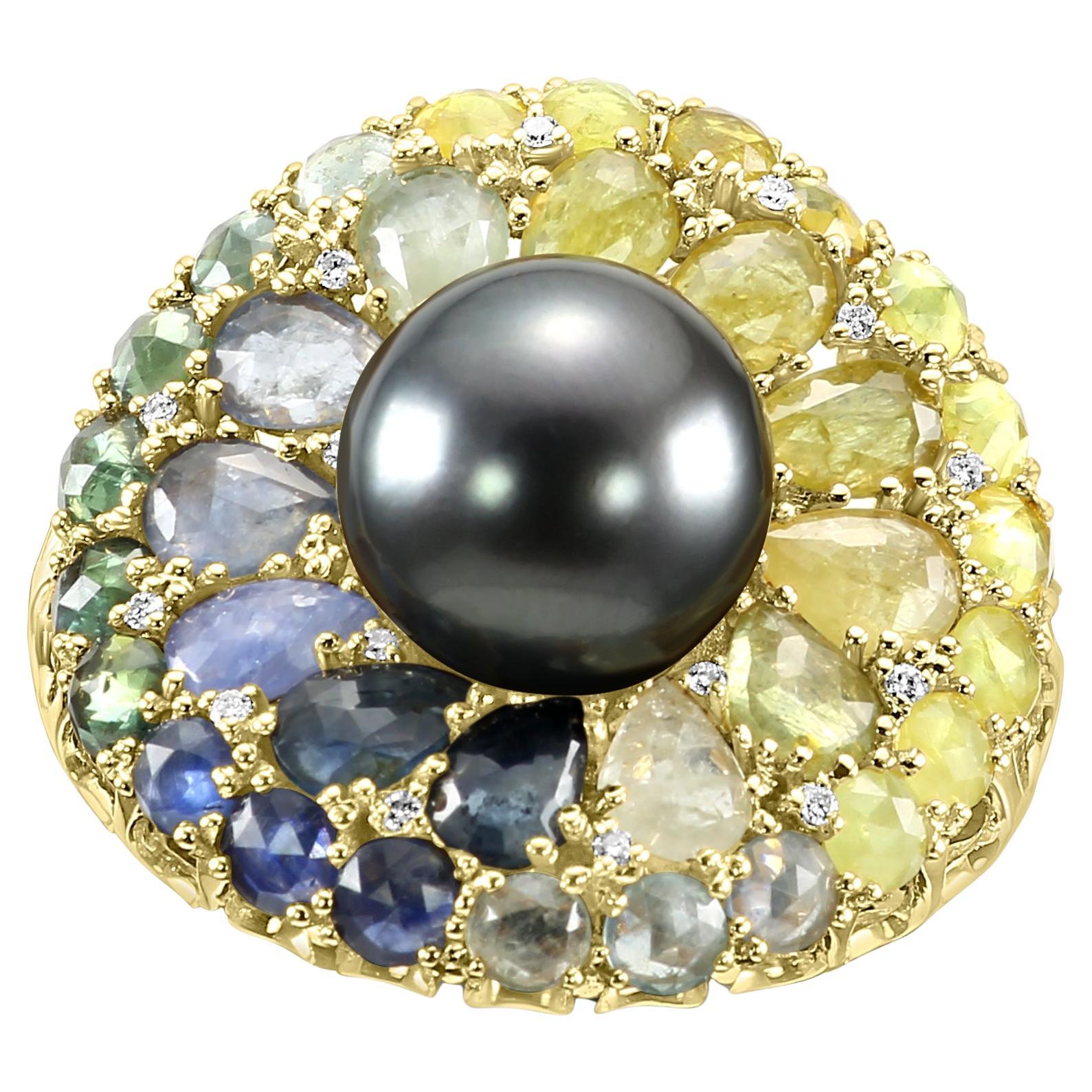 14.25mm Tahitian Pearl Diamond Multi Sapphire 18 Karat Yellow Gold Fashion Ring