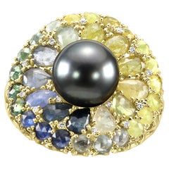 14.25mm Tahitian Pearl Diamond Multi Sapphire 18 Karat Yellow Gold Fashion Ring