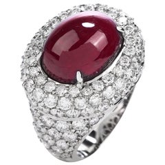 14.26 Carat Cabochon Ruby Diamond 18 Karat Gold Halo Cocktail Ring