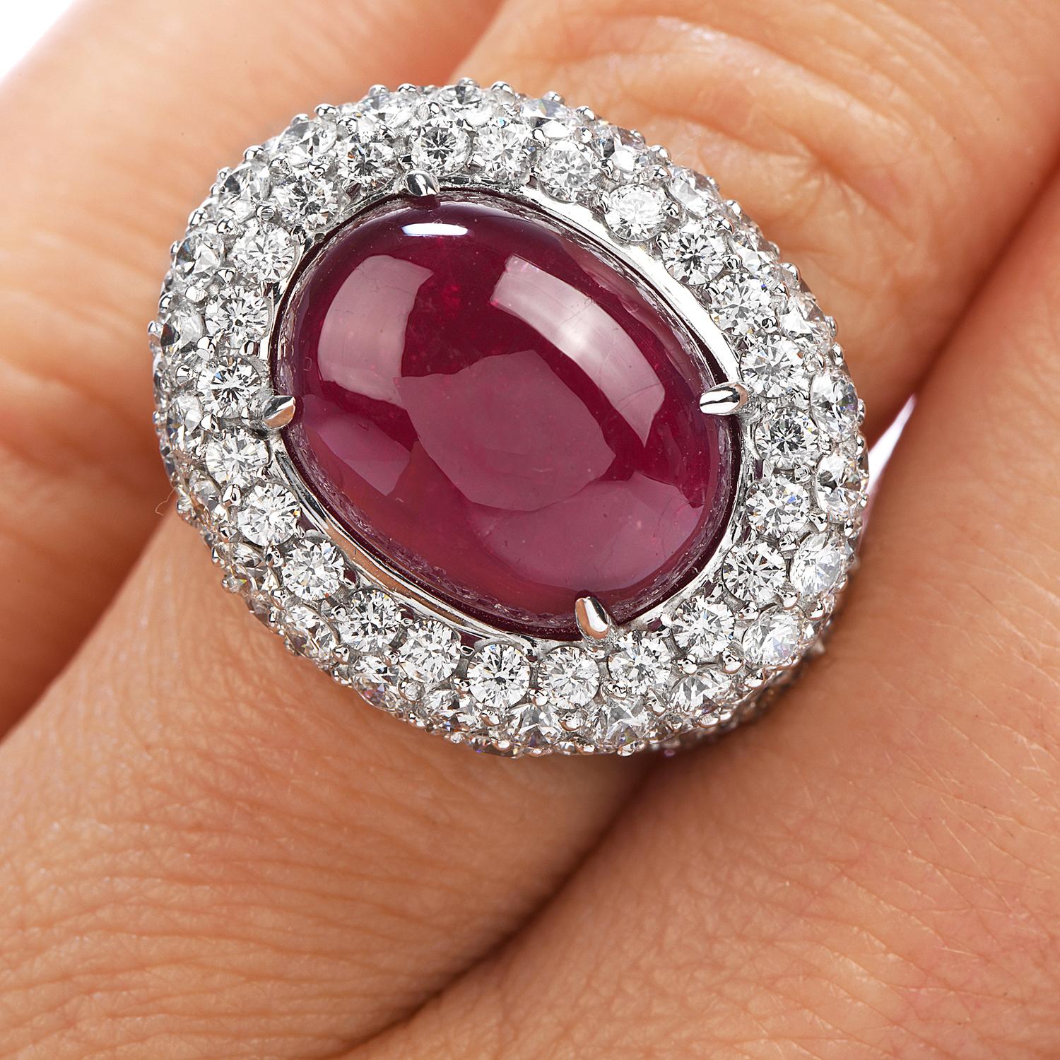 14.26 Carat Cabochon Ruby Diamond 18 Karat Gold Halo Cocktail Ring 1