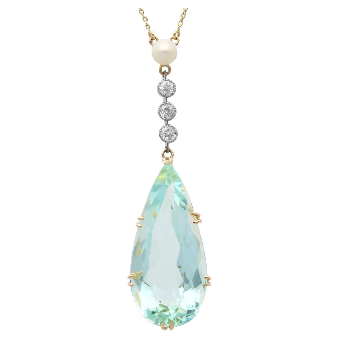 14.28 Carat Aquamarine, Pearl, 0.20 Carat Diamond 11k Yellow Gold Drop Pendant