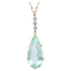 14.28 Carat Aquamarine, Pearl, 0.20 Carat Diamond 11k Yellow Gold Drop Pendant
