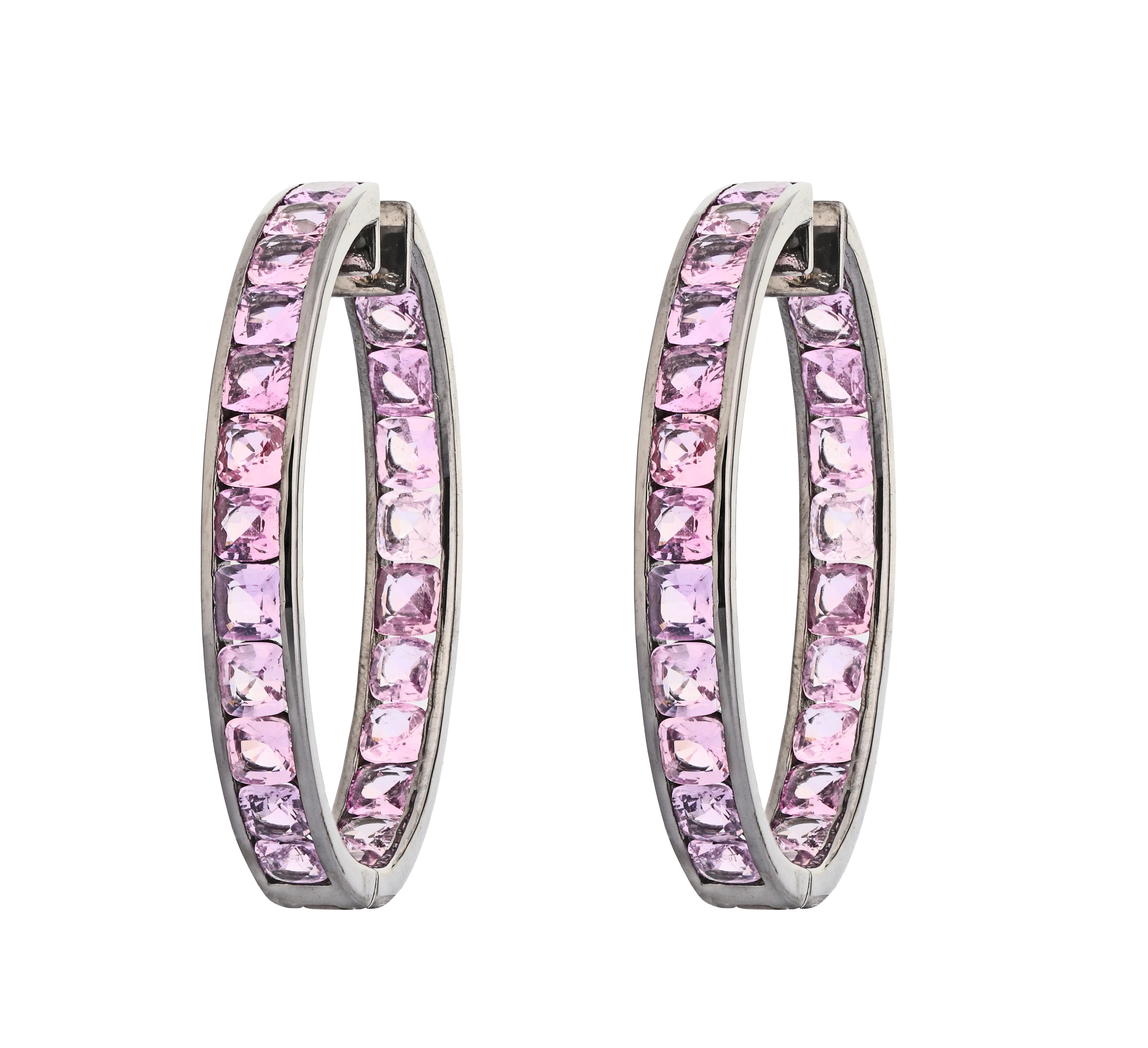 Art Deco 14.28 Carats Pink Sapphire Hoop Earrings in Art-Deco Style For Sale