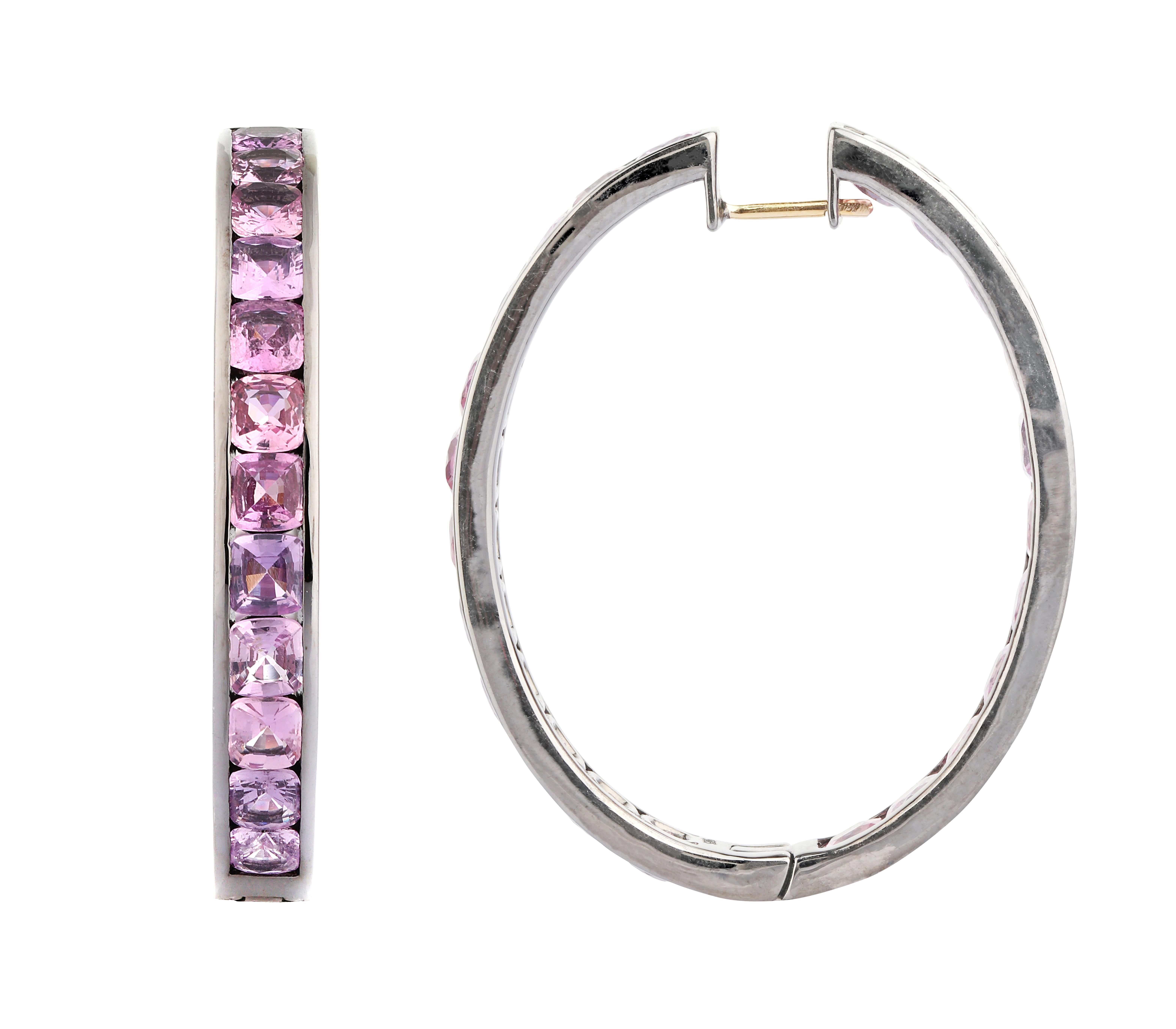14.28 Carats Pink Sapphire Hoop Earrings in Art-Deco Style In New Condition For Sale In Jaipur, IN